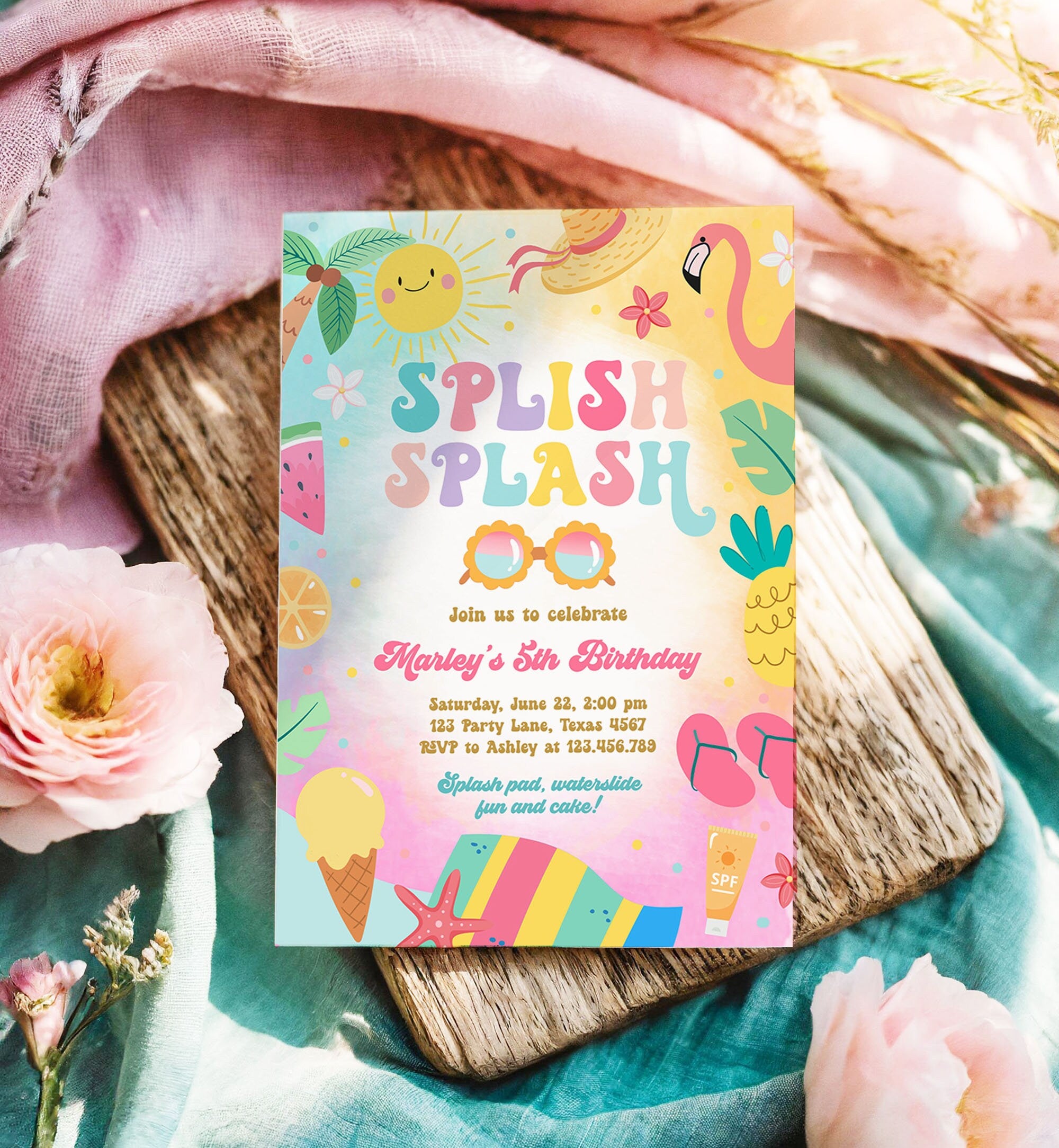 Editable Splish Splash Birthday Invitation Pool Party Girl Summer Waterslide Water Party Pink Download Printable Invite Template Corjl 0465