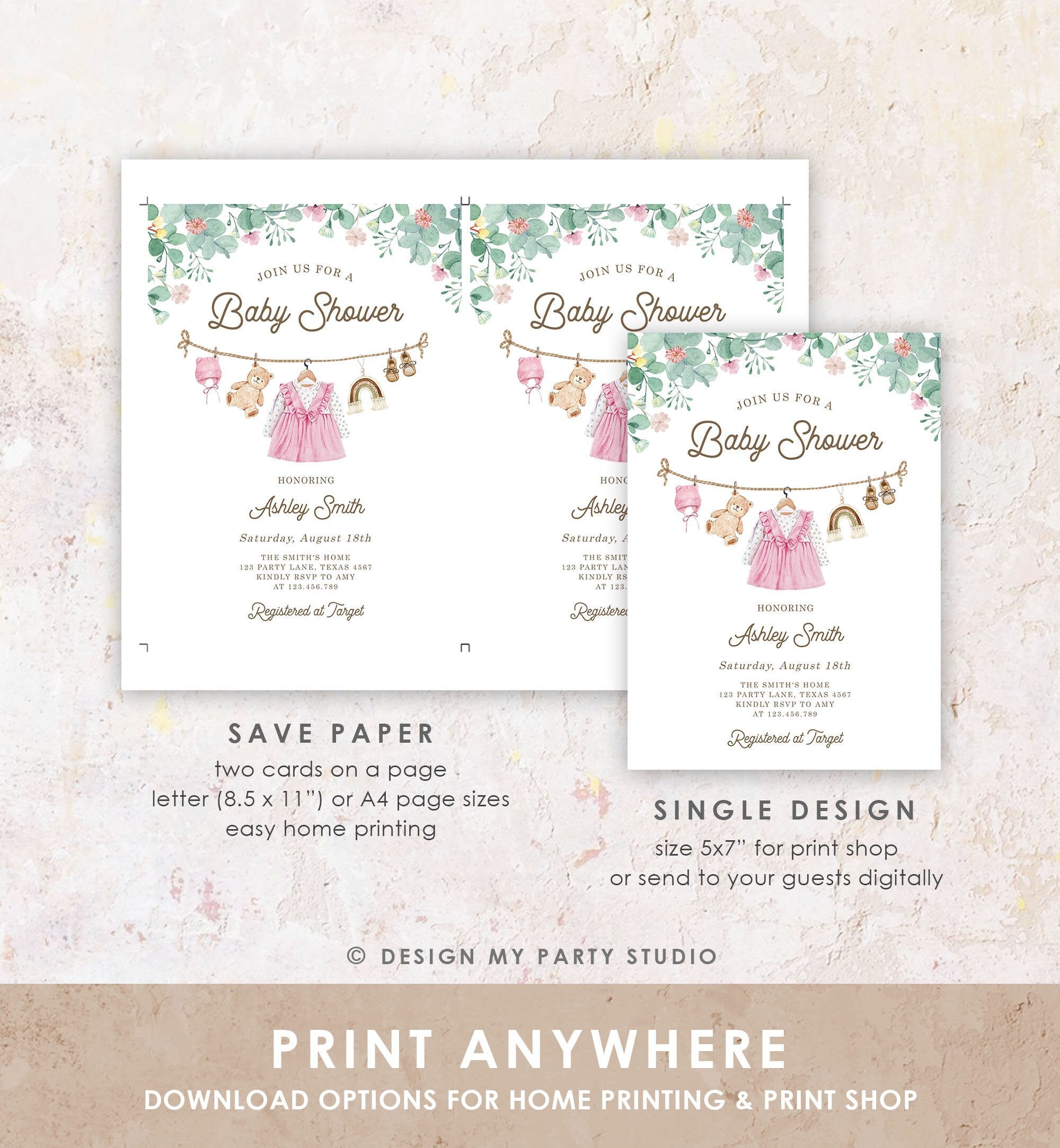 Editable Baby Clothes Baby Shower Invitation Girl Watercolor Clothesline Boho Bohemian Eucalyptus Floral Pink Evite Template Printable 0508