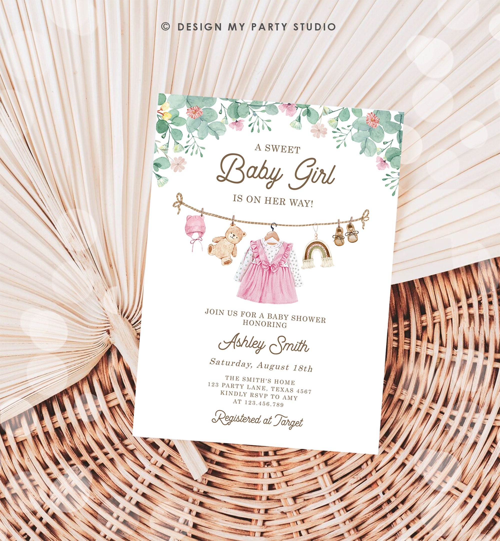 Editable Baby Clothes Baby Shower Invitation Watercolor Girl Boho Clothesline Laundry Eucalyptus Floral Pink Evite Template Printable 0508