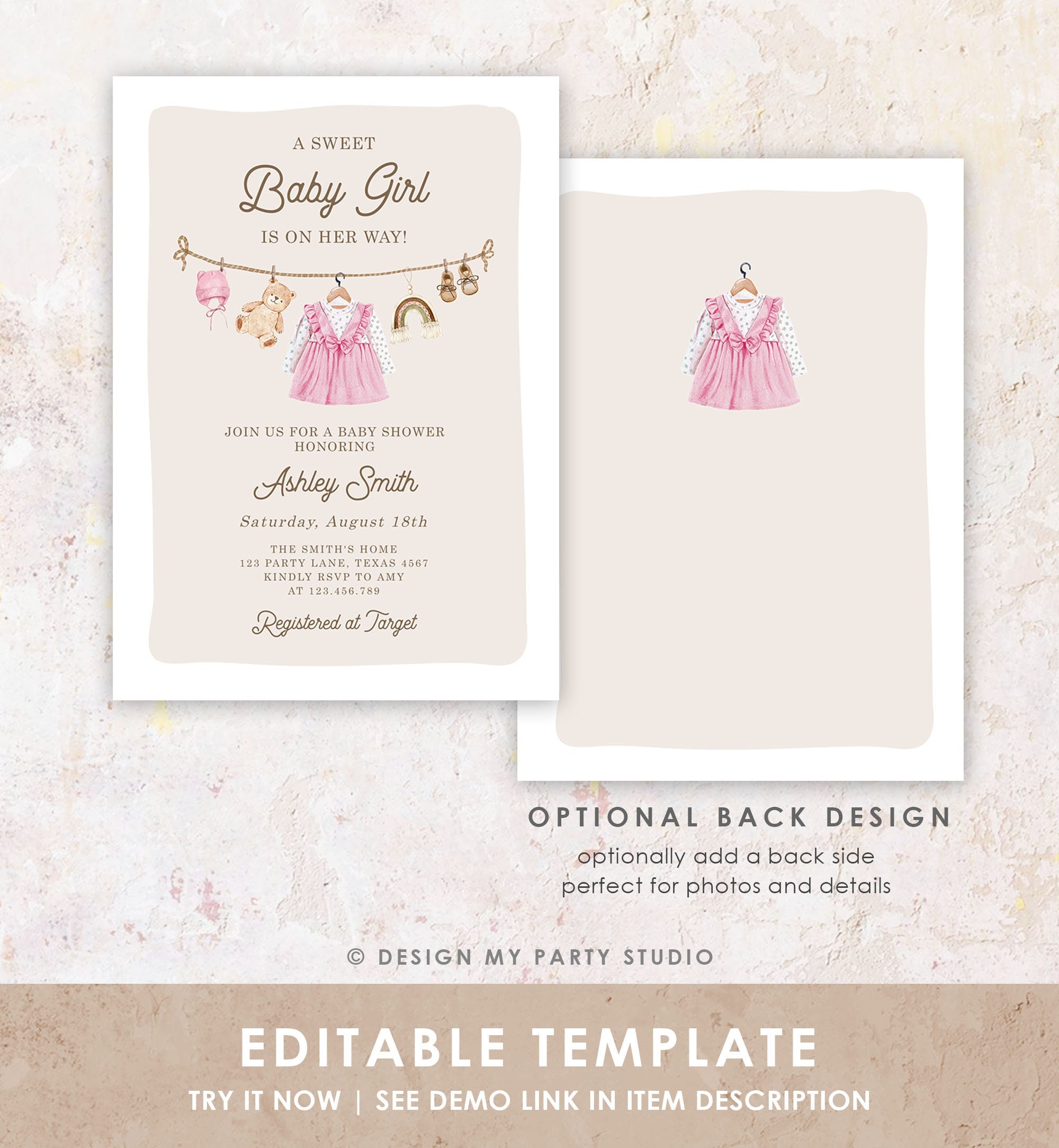 Editable Boho Girl Baby Shower Invitation Watercolor Baby Clothes Clothesline Laundry Eucalyptus Floral Pink Template Download Corjl 0508