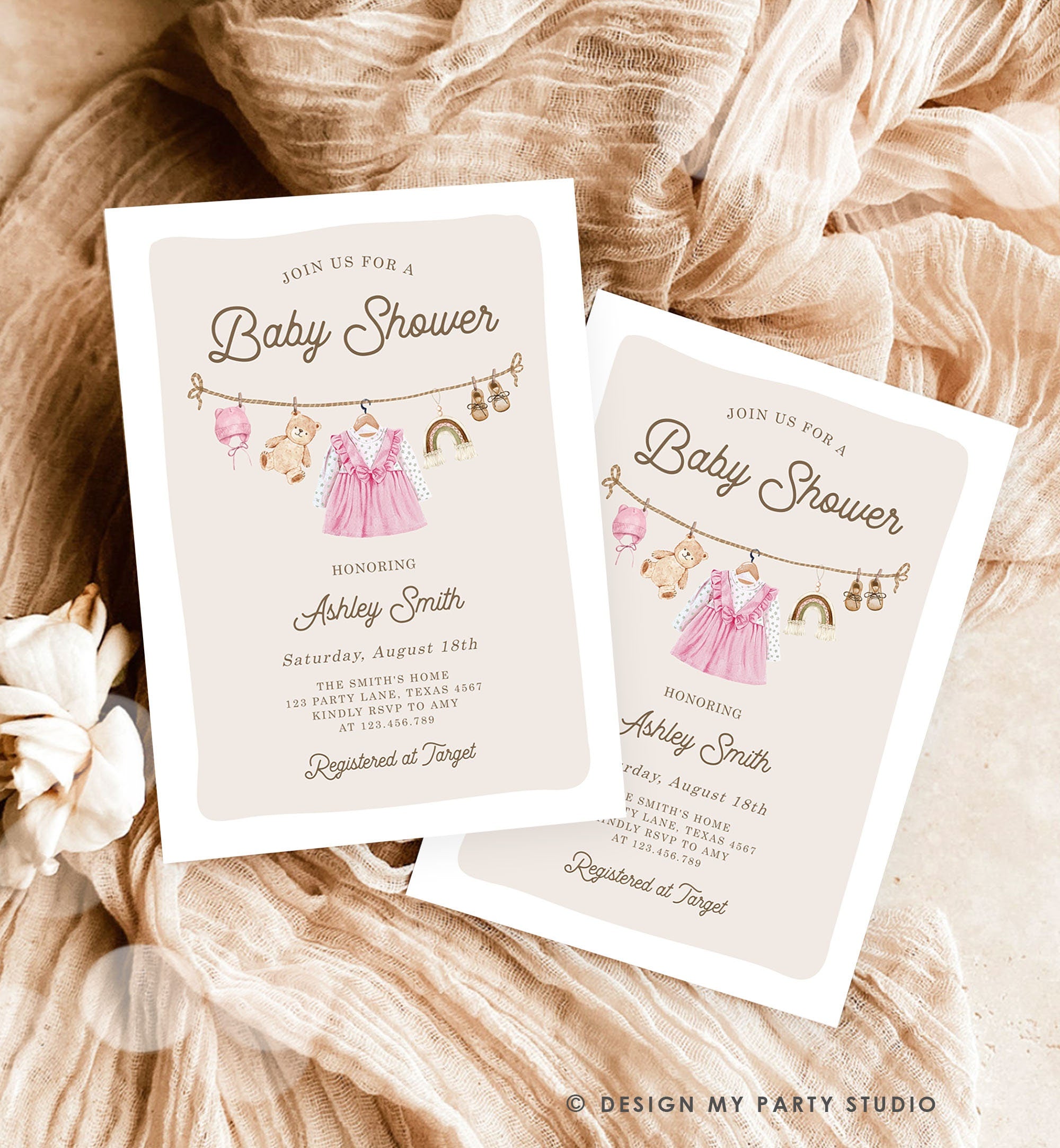 Editable Baby Clothes Baby Shower Invitation Watercolor Girl Clothesline Boho Bohemian Eucalyptus Floral Pink Evite Template Printable 0508