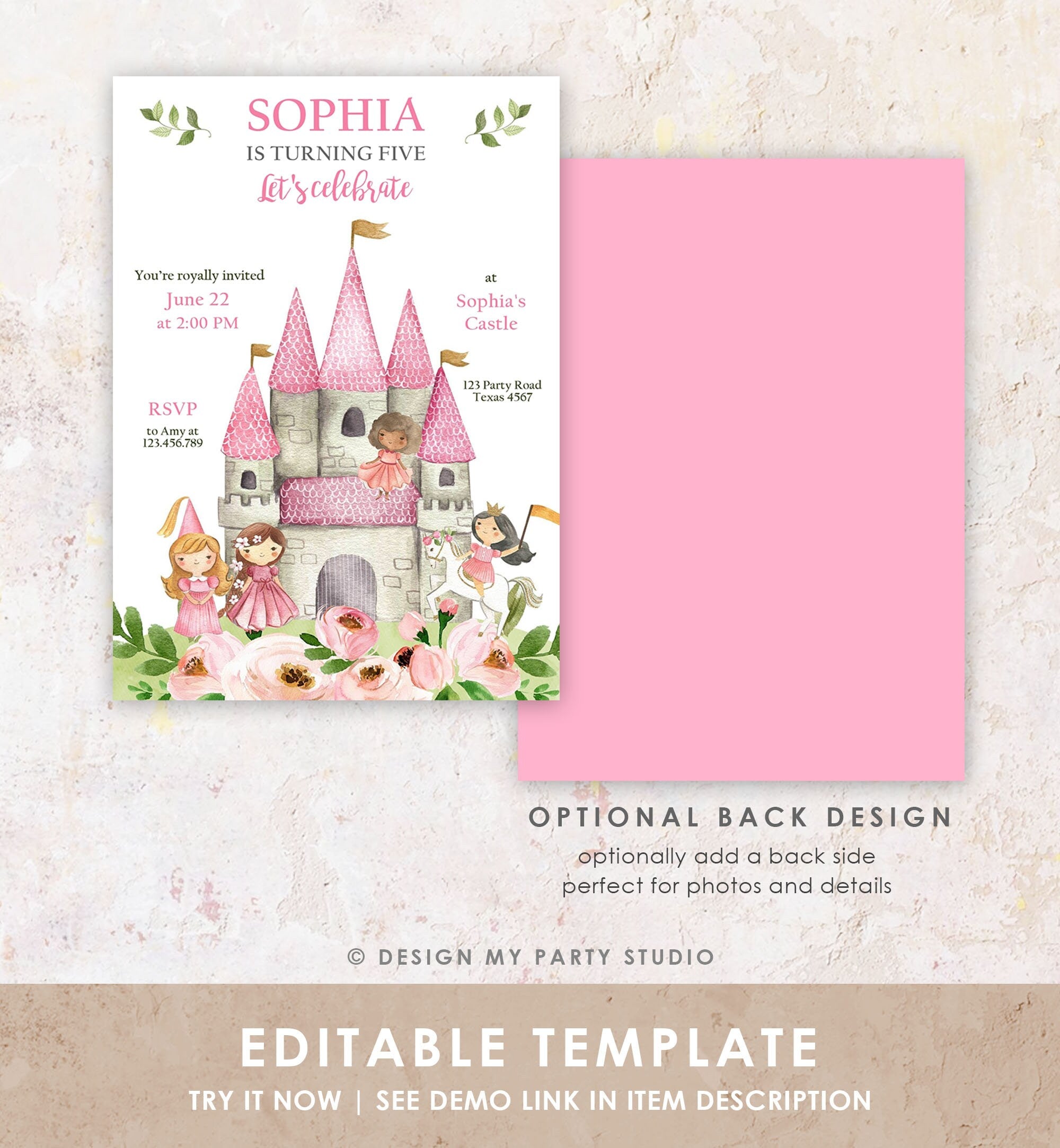 Editable ANY AGE Princess Birthday invitation Once Upon a Time Royal Birthday Pink Girl Gold Floral Download Evite Template Printable 0171