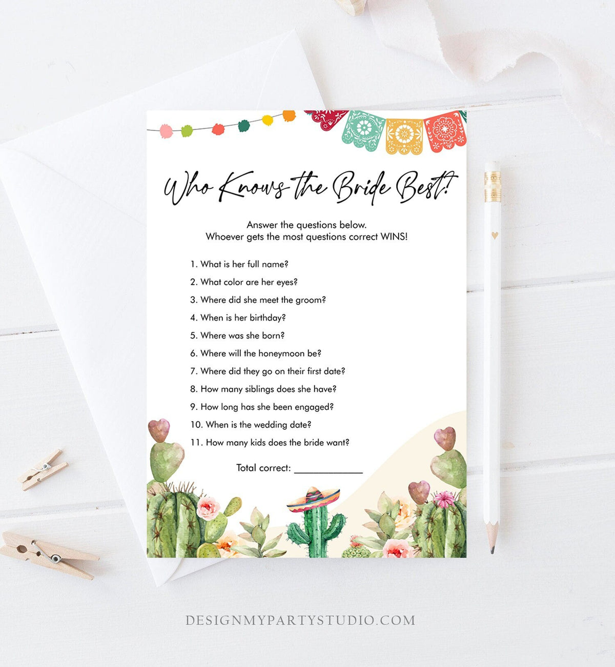 Editable Who Knows the Bride Best Bridal Shower Game Cactus Fiesta Mexican Coed Shower Games Wedding Activity Corjl Template Printable 0404