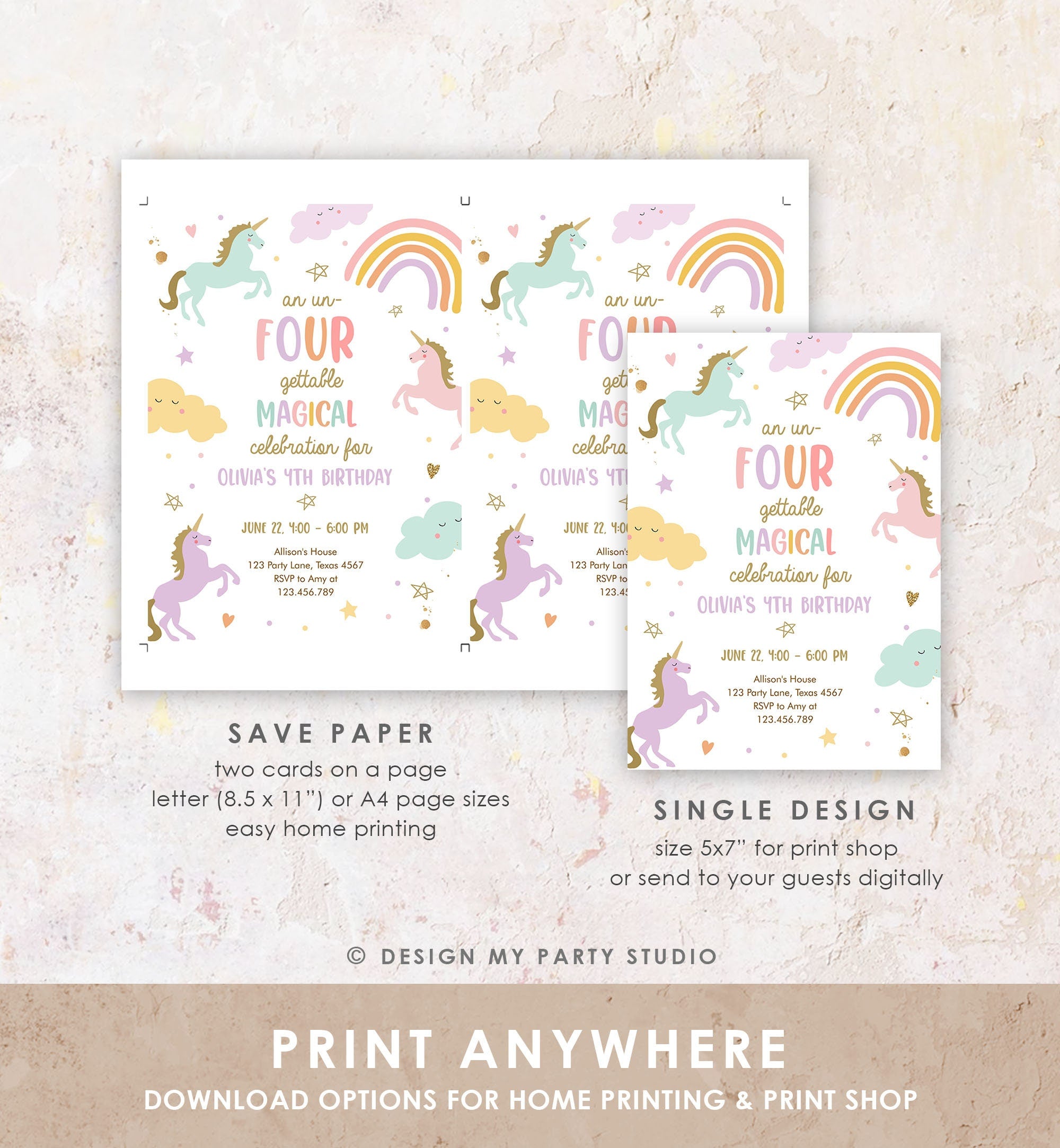 Editable Unicorn 4th Birthday Invitation Un Four Gettable Party Invite Girl Pastel Fourth Birthday Template Rainbow Download Corjl 0426