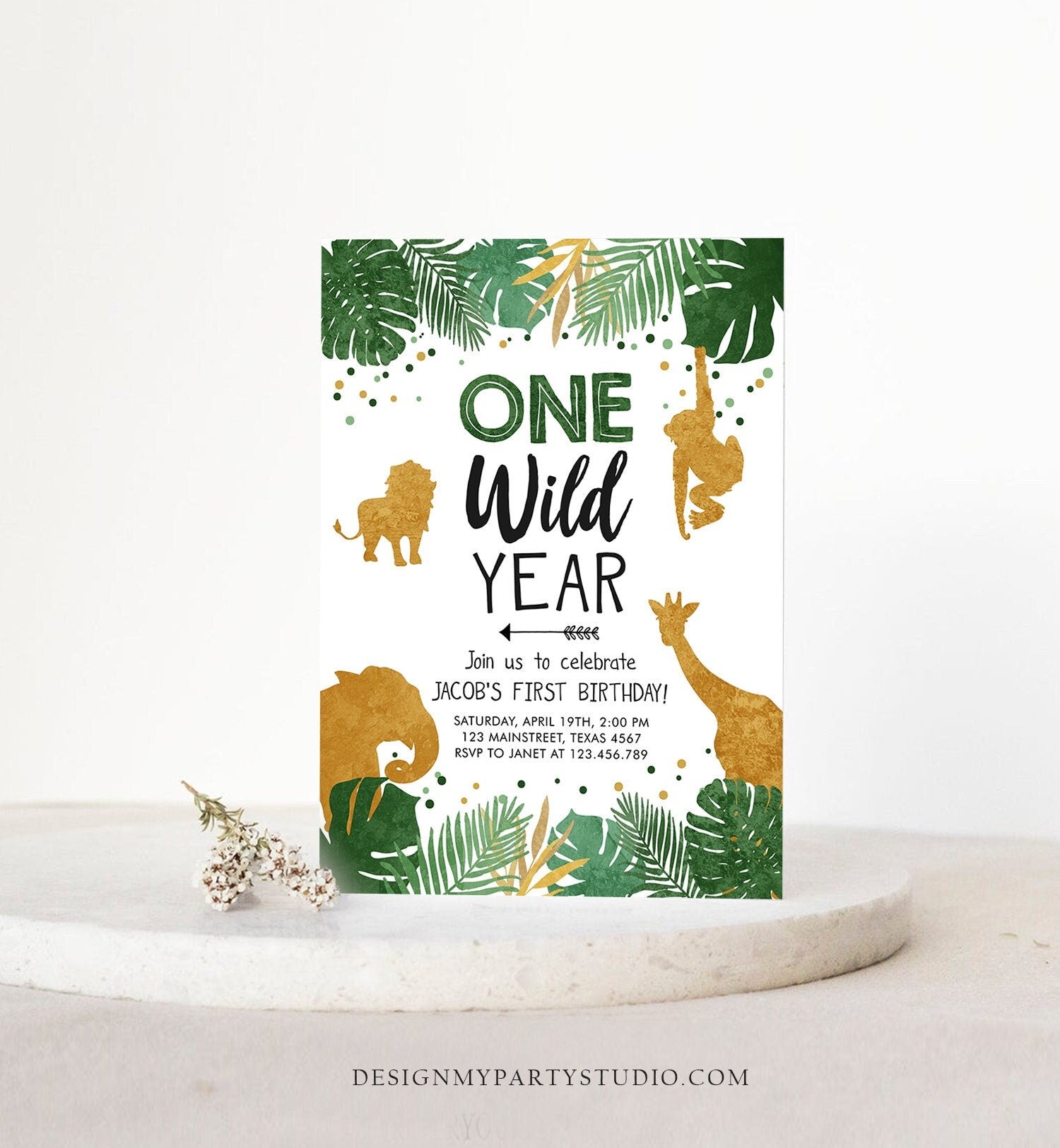 Editable Wild One Birthday Invitation Safari Animals Party Animals One Wild Year Black Gold First Birthday 1st Evite Template Printable 0016