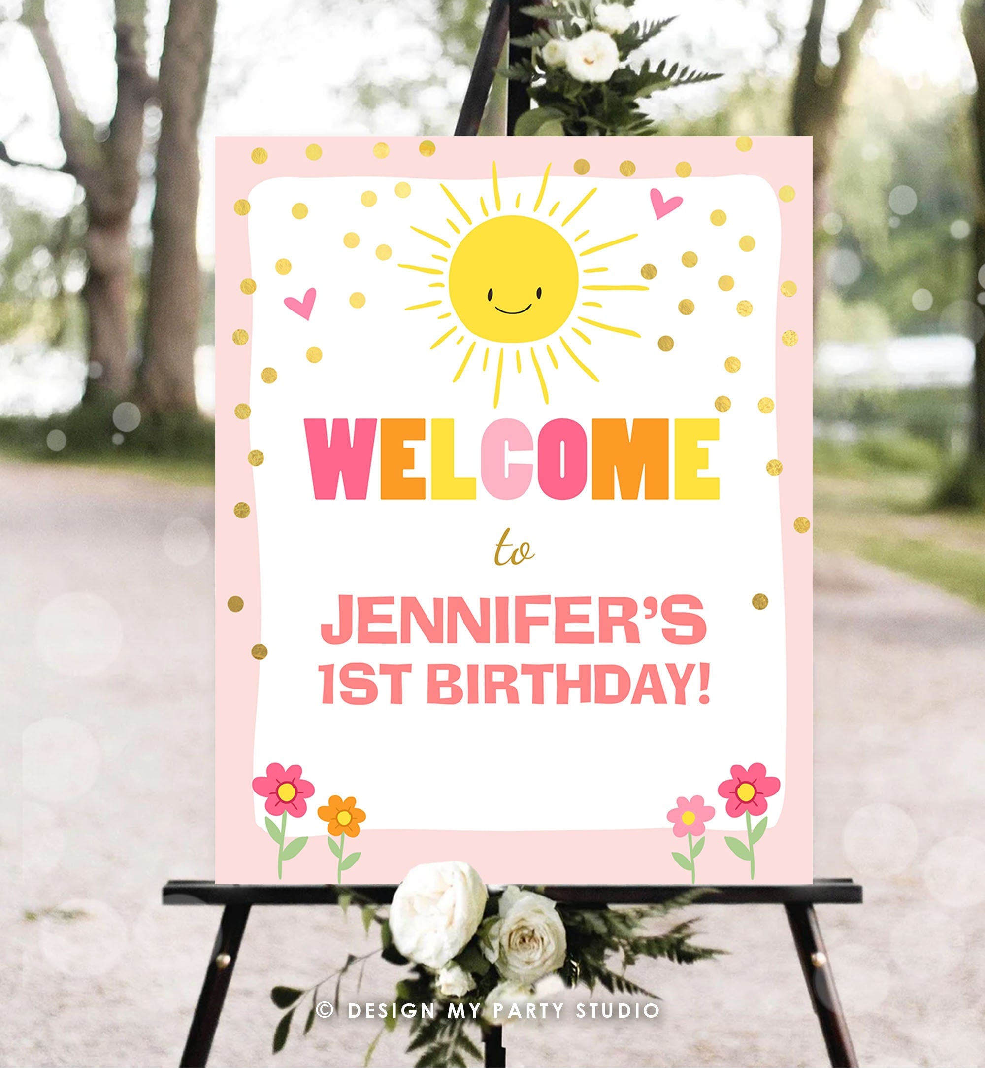 Editable Welcome Sign Sunshine Birthday Little Sunshine Party Baby Shower Welcome Pink Girl Sun Summer Digital Template Printable 0070