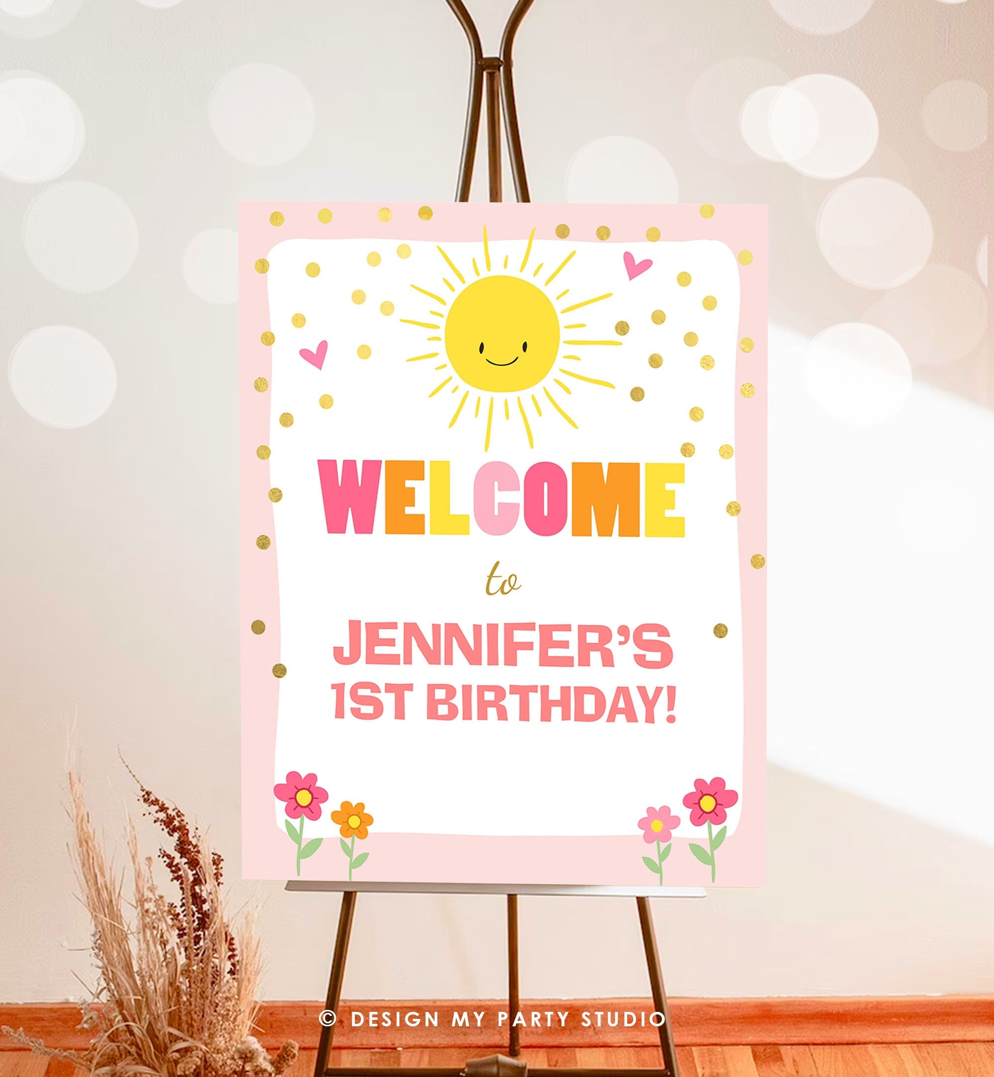 Editable Welcome Sign Sunshine Birthday Little Sunshine Party Baby Shower Welcome Pink Girl Sun Summer Digital Template Printable 0070