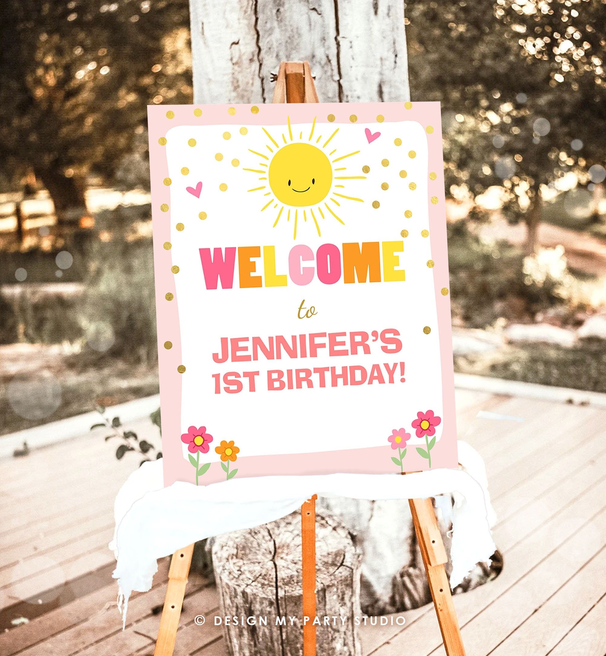 Editable Welcome Sign Sunshine Birthday Little Sunshine Party Baby Shower Welcome Pink Girl Sun Summer Digital Template Printable 0070