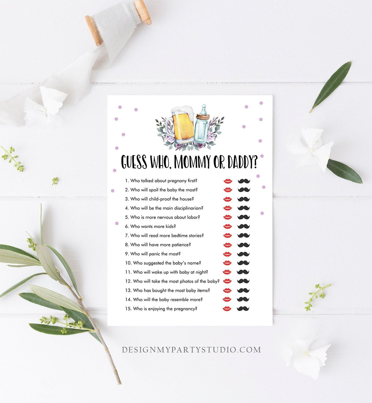 Editable Mommy or Daddy Baby Shower Game Guess Who Mom Dad Greenery Baby is Brewing Purple Lilac Beer Bottle Digital Template Printable 0190