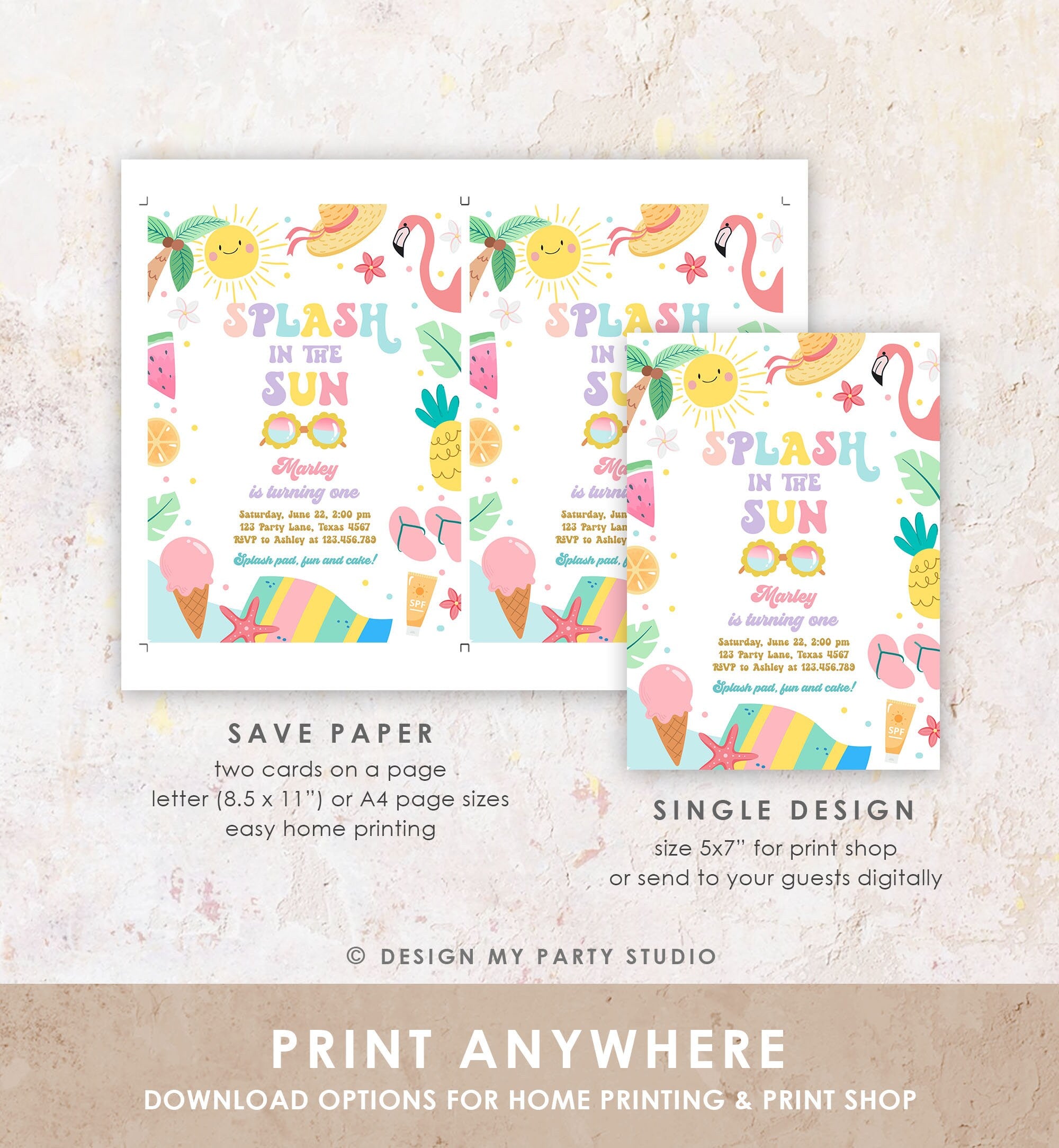 Editable Splash in the Sun 1st Birthday Invitation Pool Party Girl Summer Waterslide Splish Splash Tropical Download Template Corjl 0465