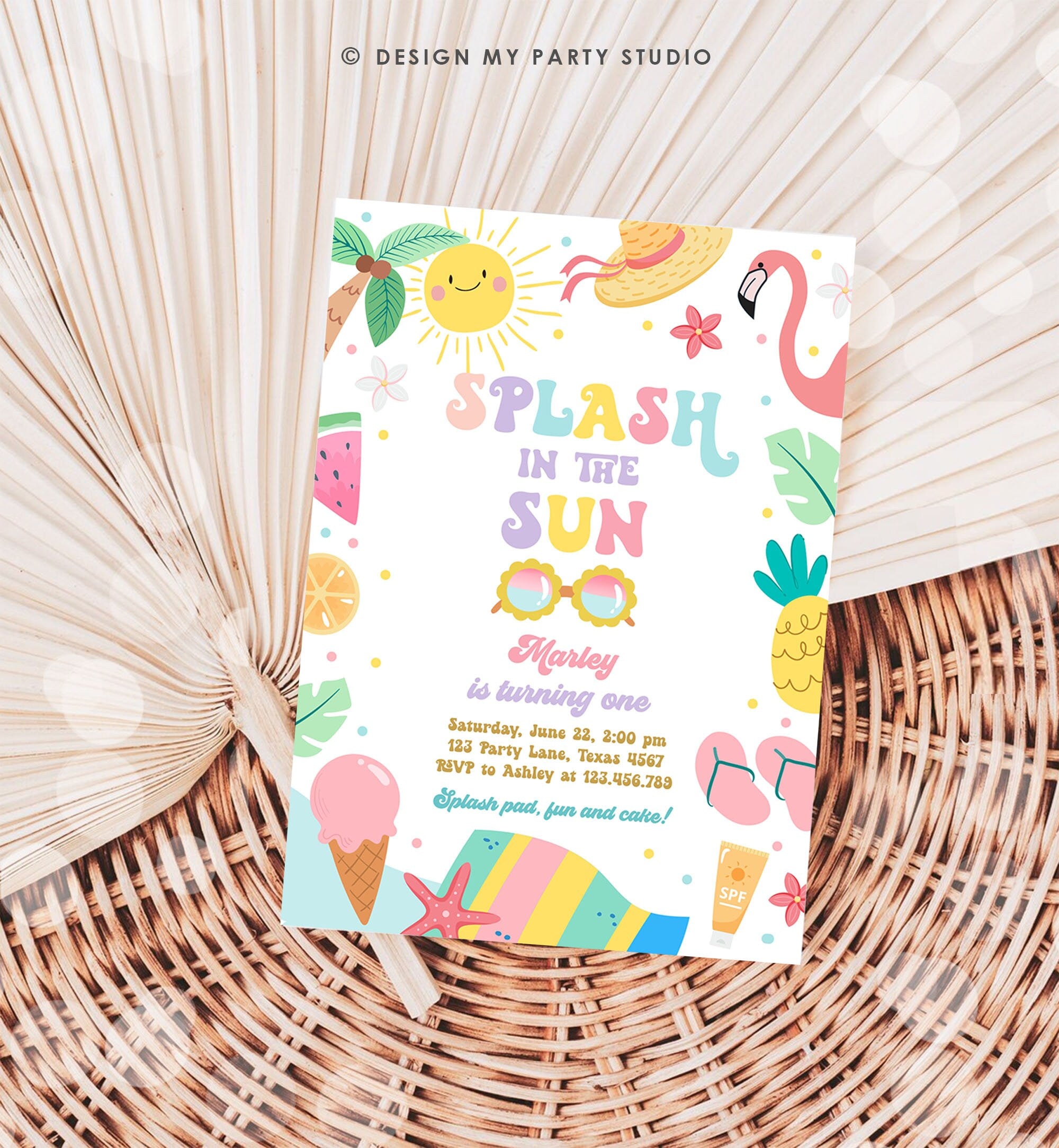 Editable Splash in the Sun 1st Birthday Invitation Pool Party Girl Summer Waterslide Splish Splash Tropical Download Template Corjl 0465