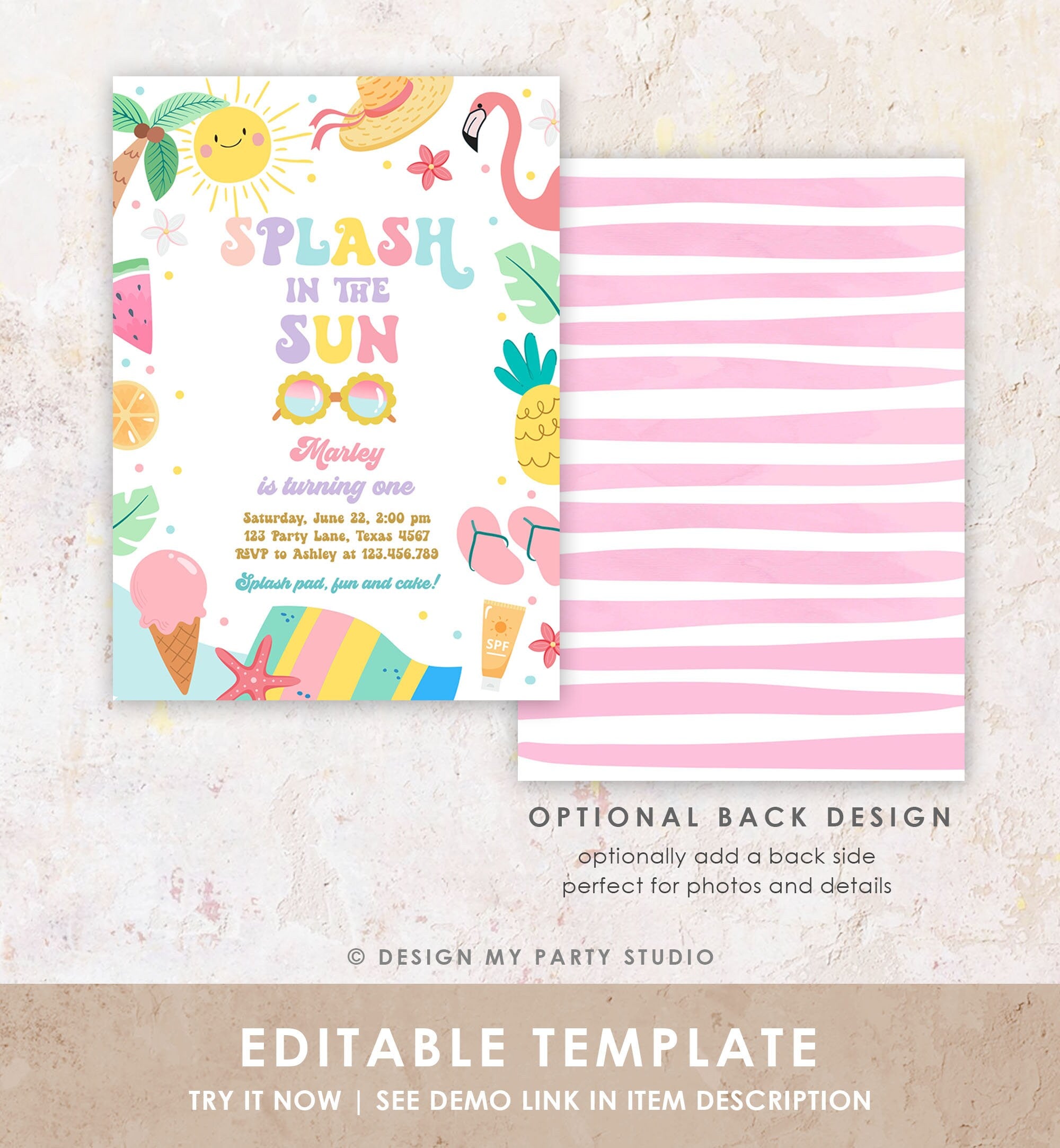 Editable Splash in the Sun 1st Birthday Invitation Pool Party Girl Summer Waterslide Splish Splash Tropical Download Template Corjl 0465