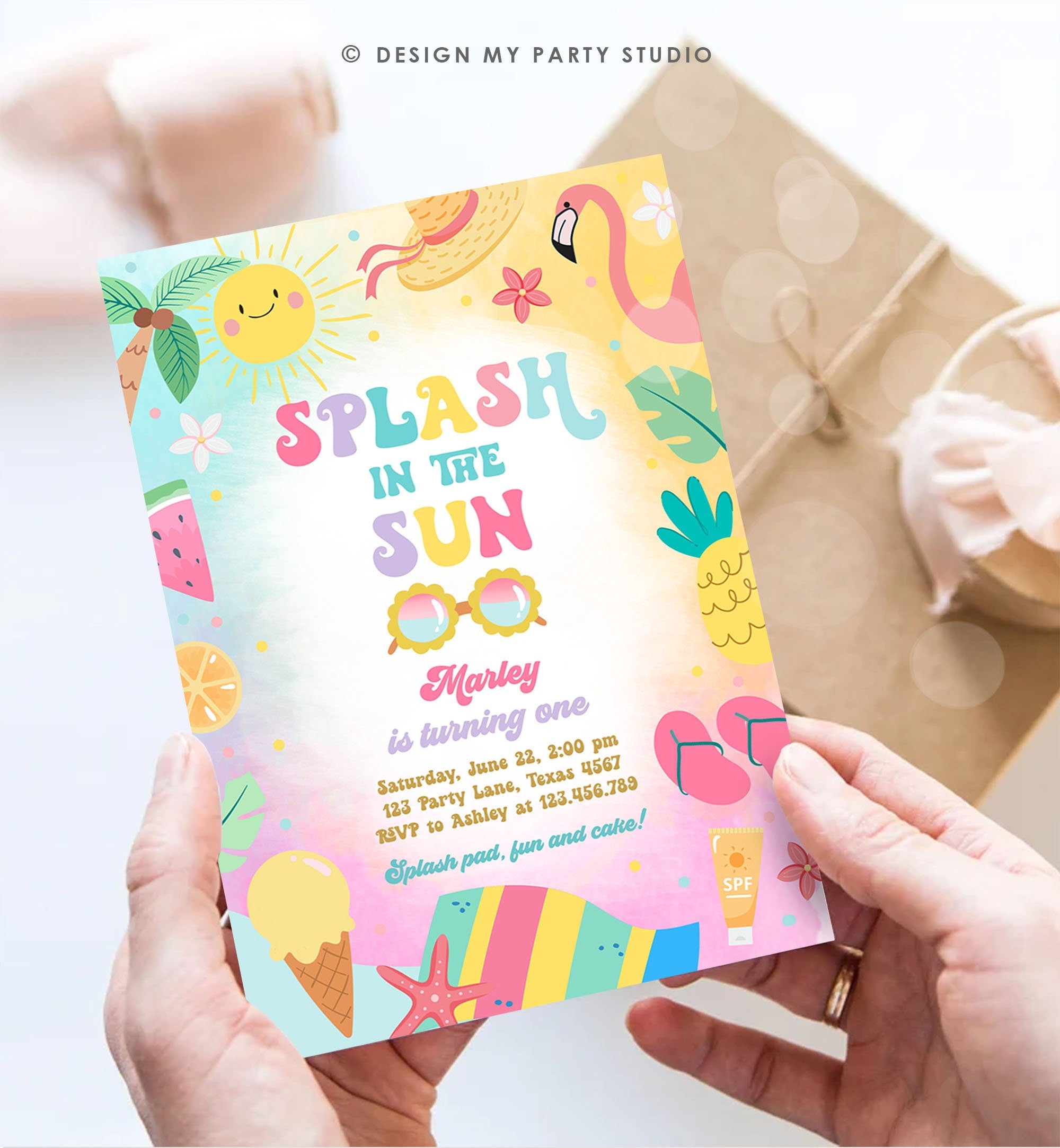 Editable Splash in the Sun 1st Birthday Invitation Pool Party Girl Summer Waterslide Splish Splash Tropical Download Template Printable 0465