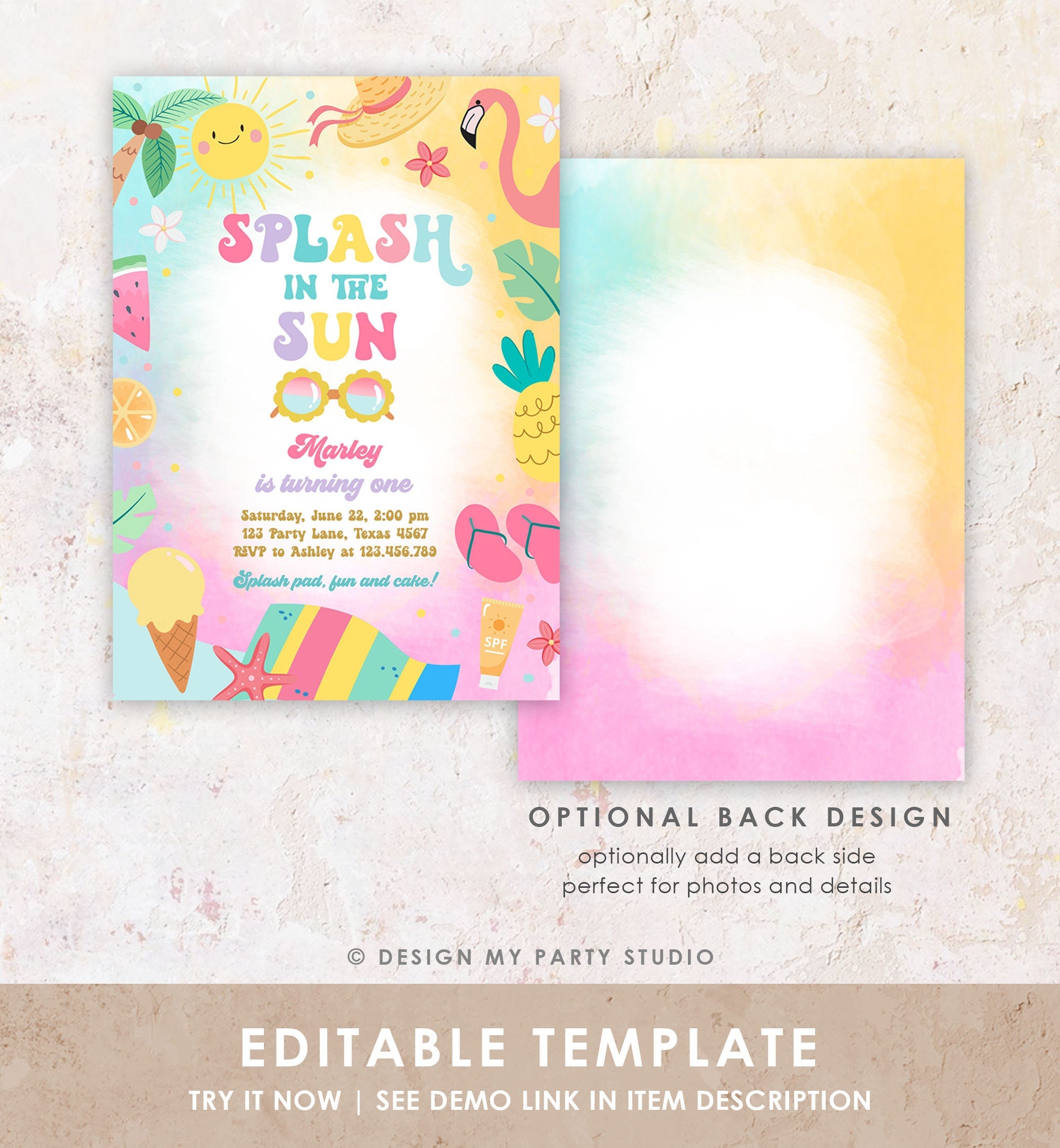 Editable Splash in the Sun 1st Birthday Invitation Pool Party Girl Summer Waterslide Splish Splash Tropical Download Template Printable 0465