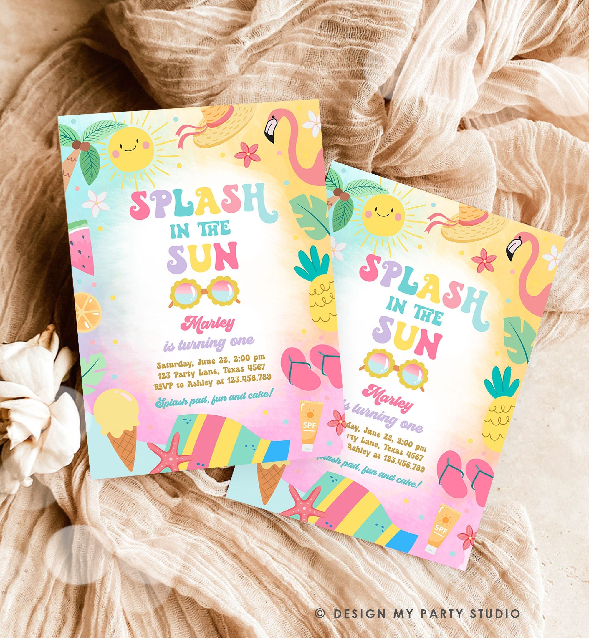 Editable Splash in the Sun 1st Birthday Invitation Pool Party Girl Summer Waterslide Splish Splash Tropical Download Template Printable 0465