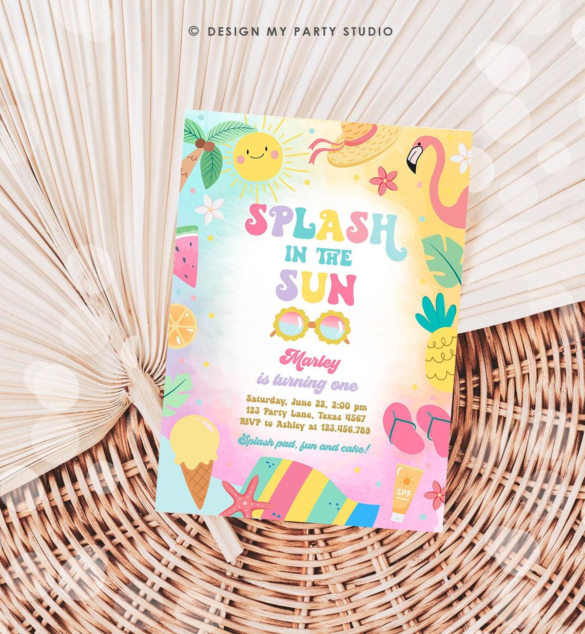 Editable Splash in the Sun 1st Birthday Invitation Pool Party Girl Summer Waterslide Splish Splash Tropical Download Template Printable 0465