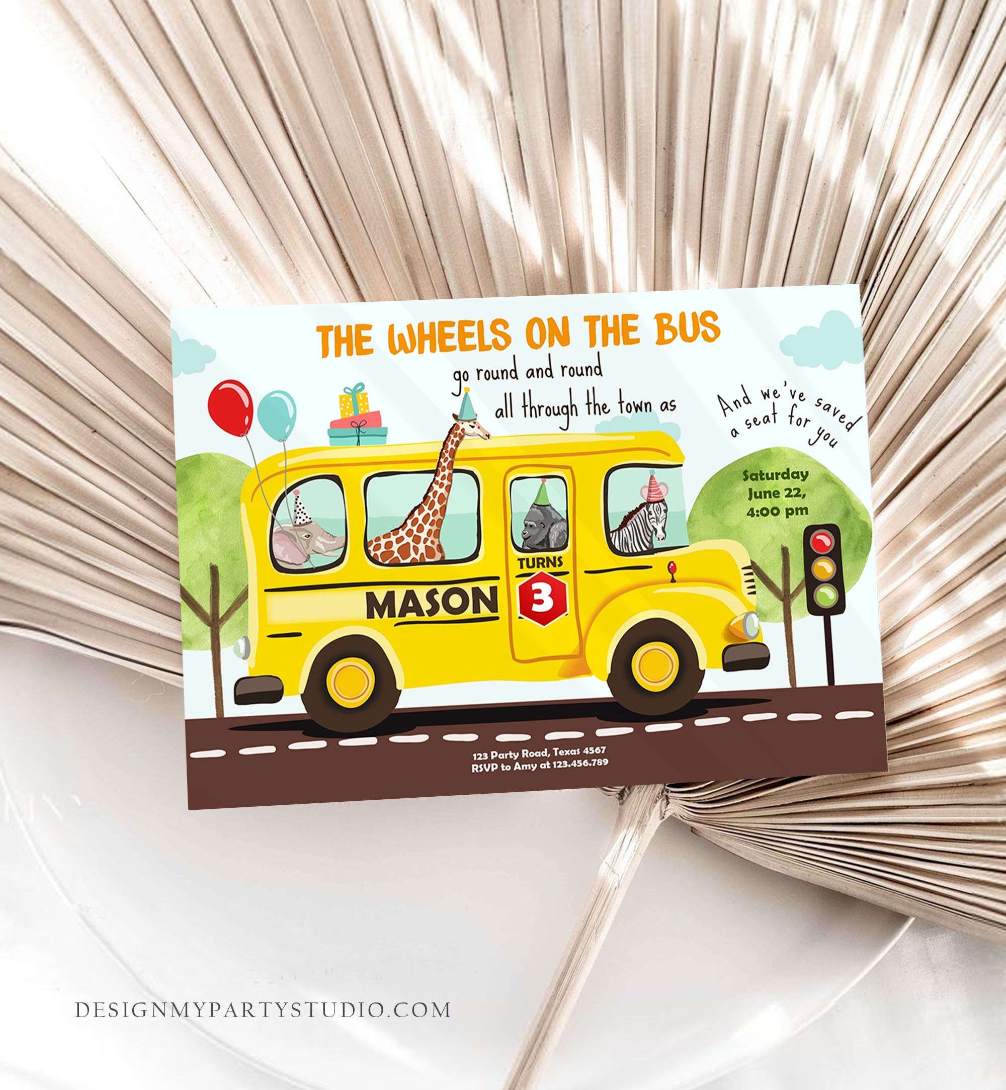 Editable Wheels on the Bus Birthday Invitation Bus Party Invite School Bus Animals Boy Girl Download Printable Template Digital Corjl 0325