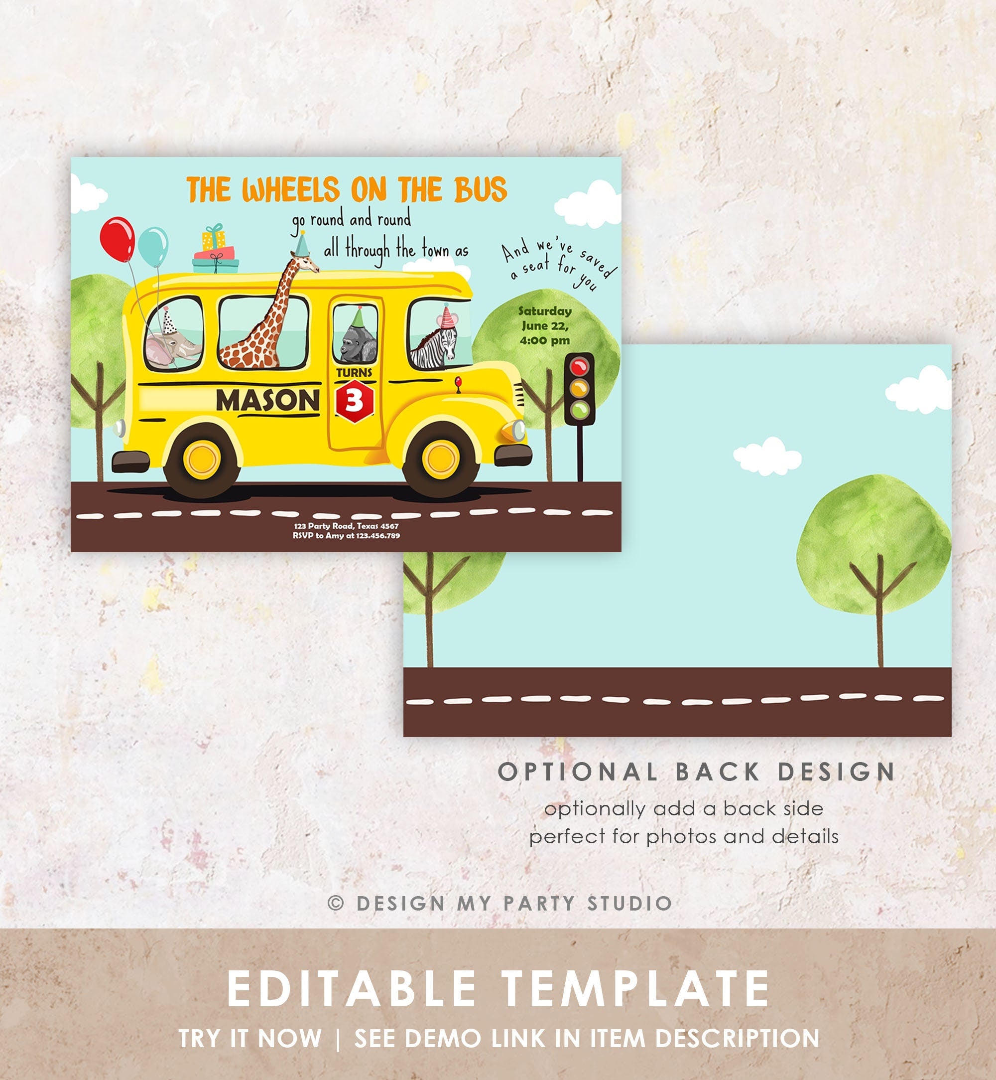 Editable Wheels on the Bus Birthday Invitation Bus Party Invite School Bus Animals Boy Girl Download Printable Template Digital Corjl 0325