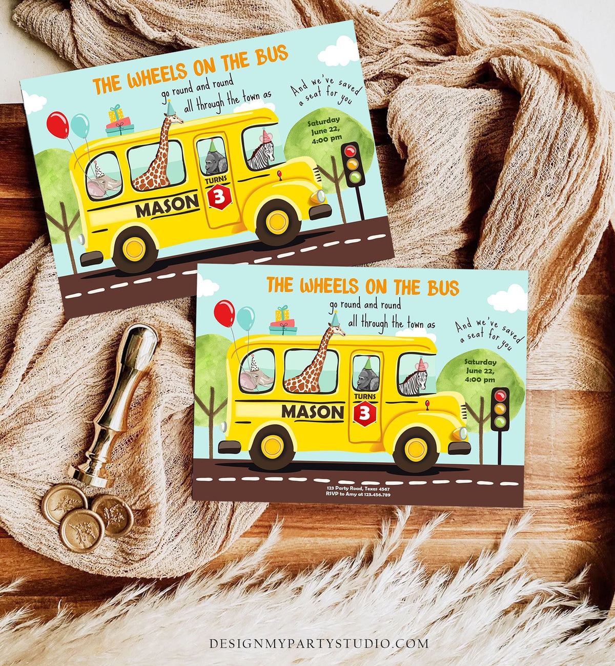 Editable Wheels on the Bus Birthday Invitation Bus Party Invite School Bus Animals Boy Girl Download Printable Template Digital Corjl 0325