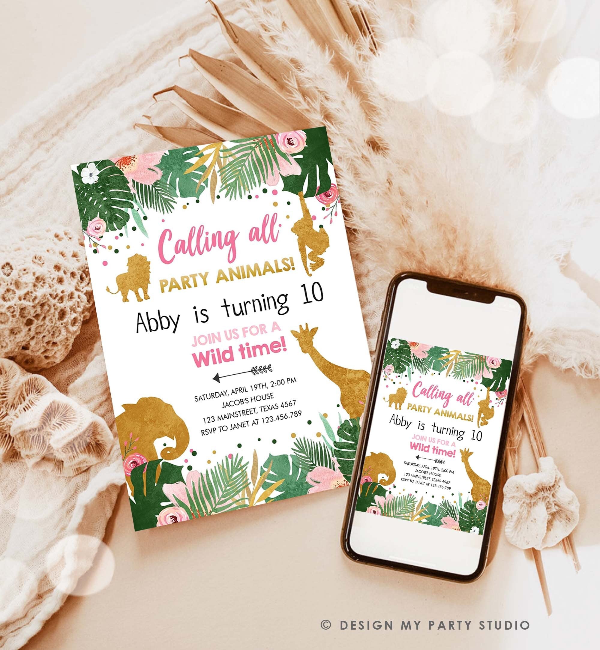 Editable Safari Animals Birthday Invitation Calling All Party Animals Girl Party Zoo Pink Gold Digital Download Template Printable 0016