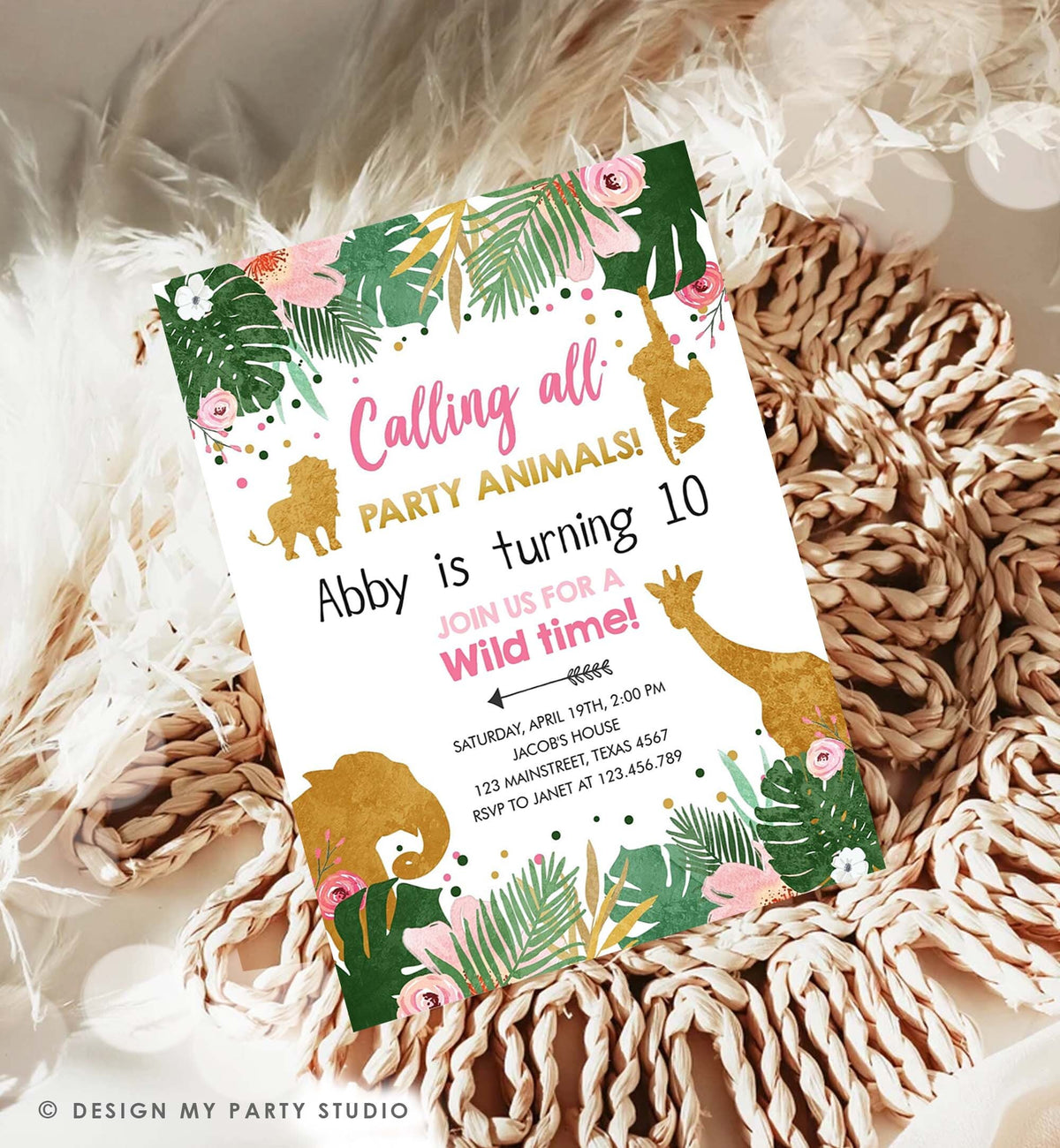 Editable Safari Animals Birthday Invitation Calling All Party Animals Girl Party Zoo Pink Gold Digital Download Template Printable 0016