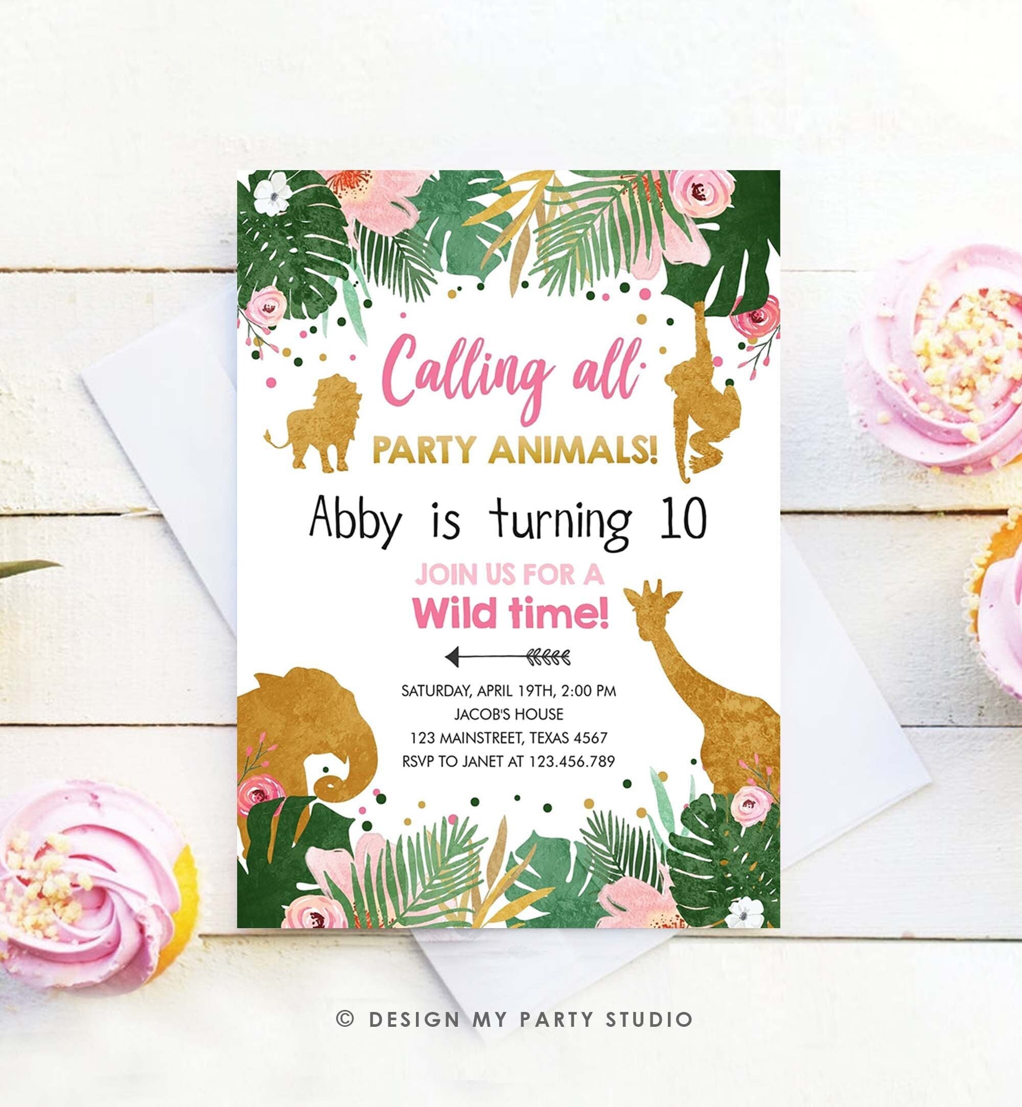 Editable Safari Animals Birthday Invitation Calling All Party Animals Girl Party Zoo Pink Gold Digital Download Template Printable 0016