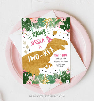 Editable Two-Rex Dinosaur Birthday Invitation Dino T-Rex Girl Second Birthday 2nd RAWR ROAR Pink Gold Prehistoric Corjl Template 0146