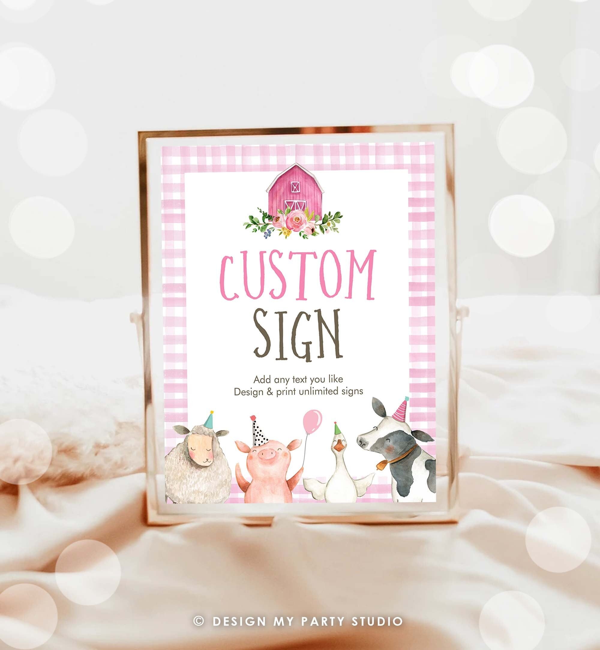 Editable Custom Sign Farm Animals Sign Pink Barnyard Birthday Decorations Girl Cow Pig Table Sign Pink Gingham 8x10 Template PRINTABLE 0155