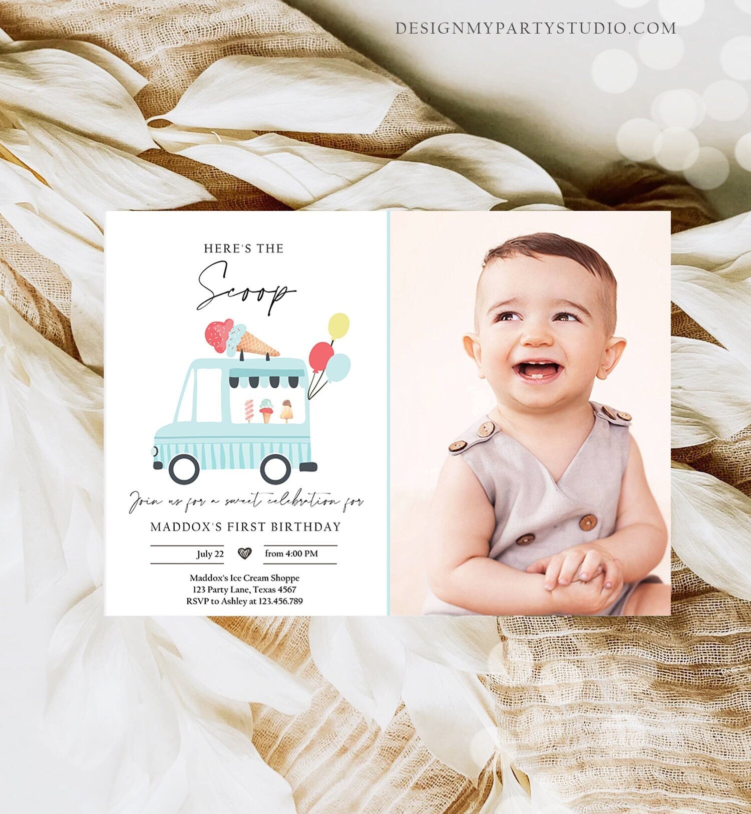 Editable Ice Cream Truck Birthday Invitation Ice Cream Truck Boy Modern Ice Cream Shoppe Van The Scoop Digital Evite Template Printable 0415