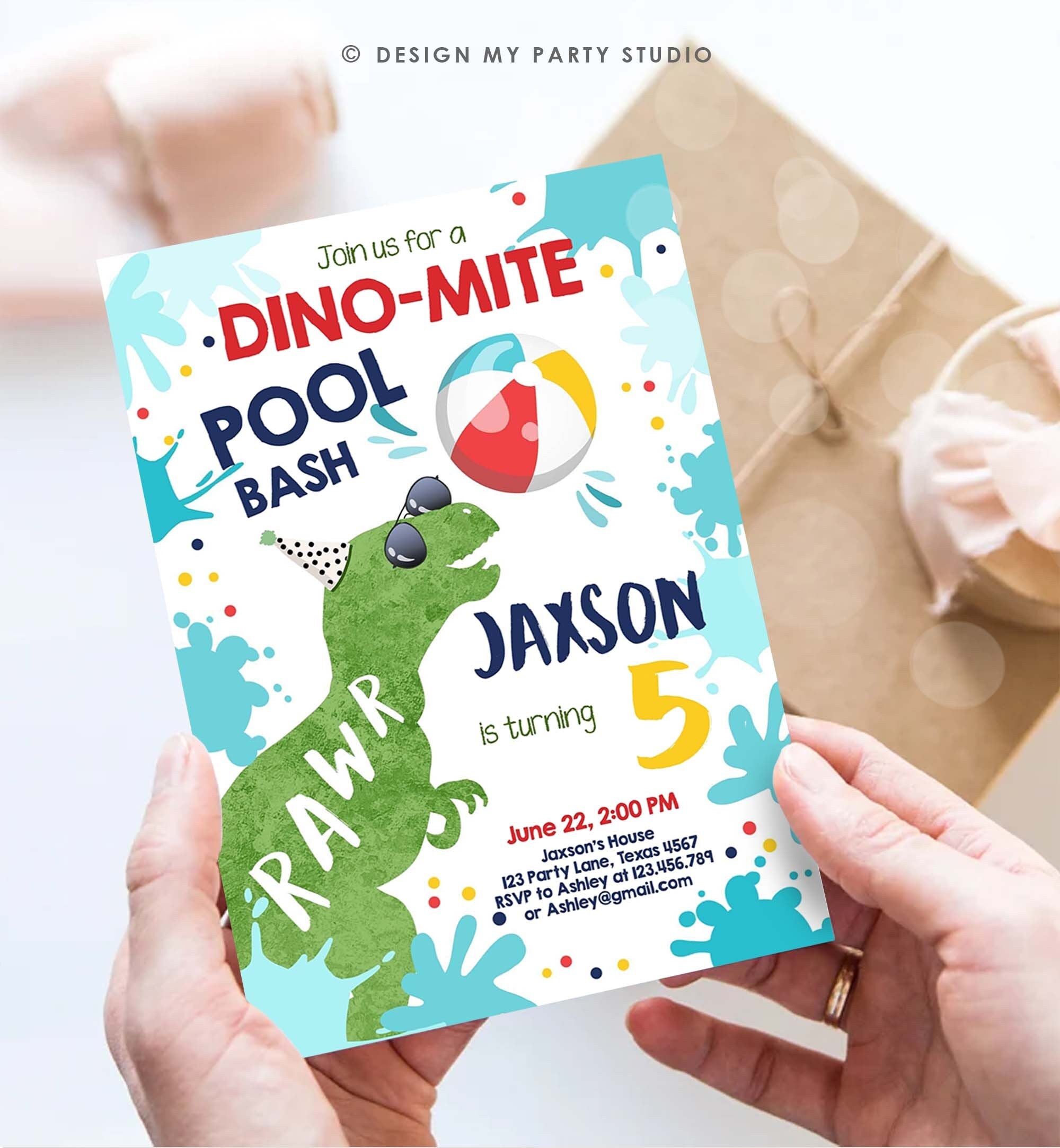 Editable Dinosaur Pool Party Birthday Invitation Dinosaur Birthday Dino T-Rex Boy Bash Download Printable Invitation Template Corjl 0305