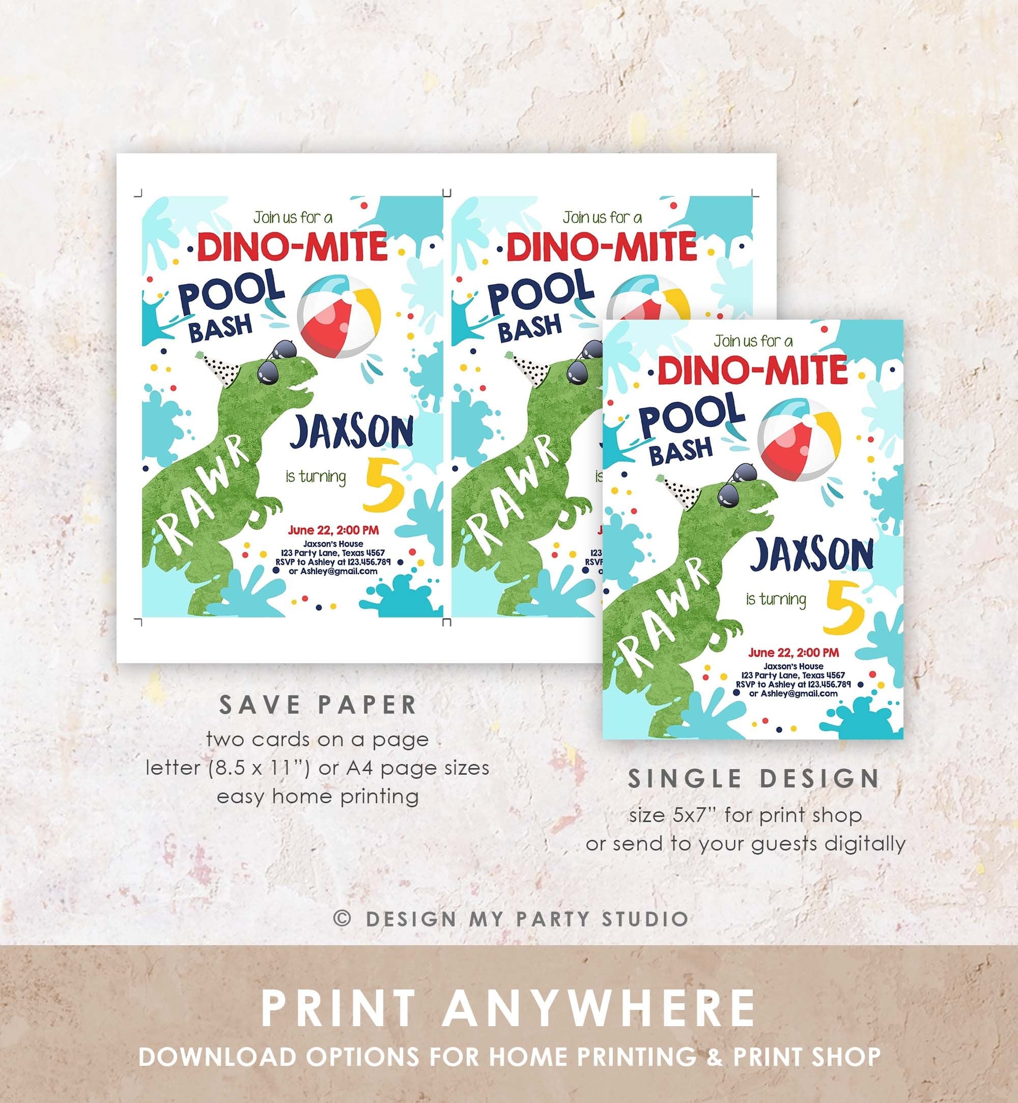 Editable Dinosaur Pool Party Birthday Invitation Dinosaur Birthday Dino T-Rex Boy Bash Download Printable Invitation Template Corjl 0305