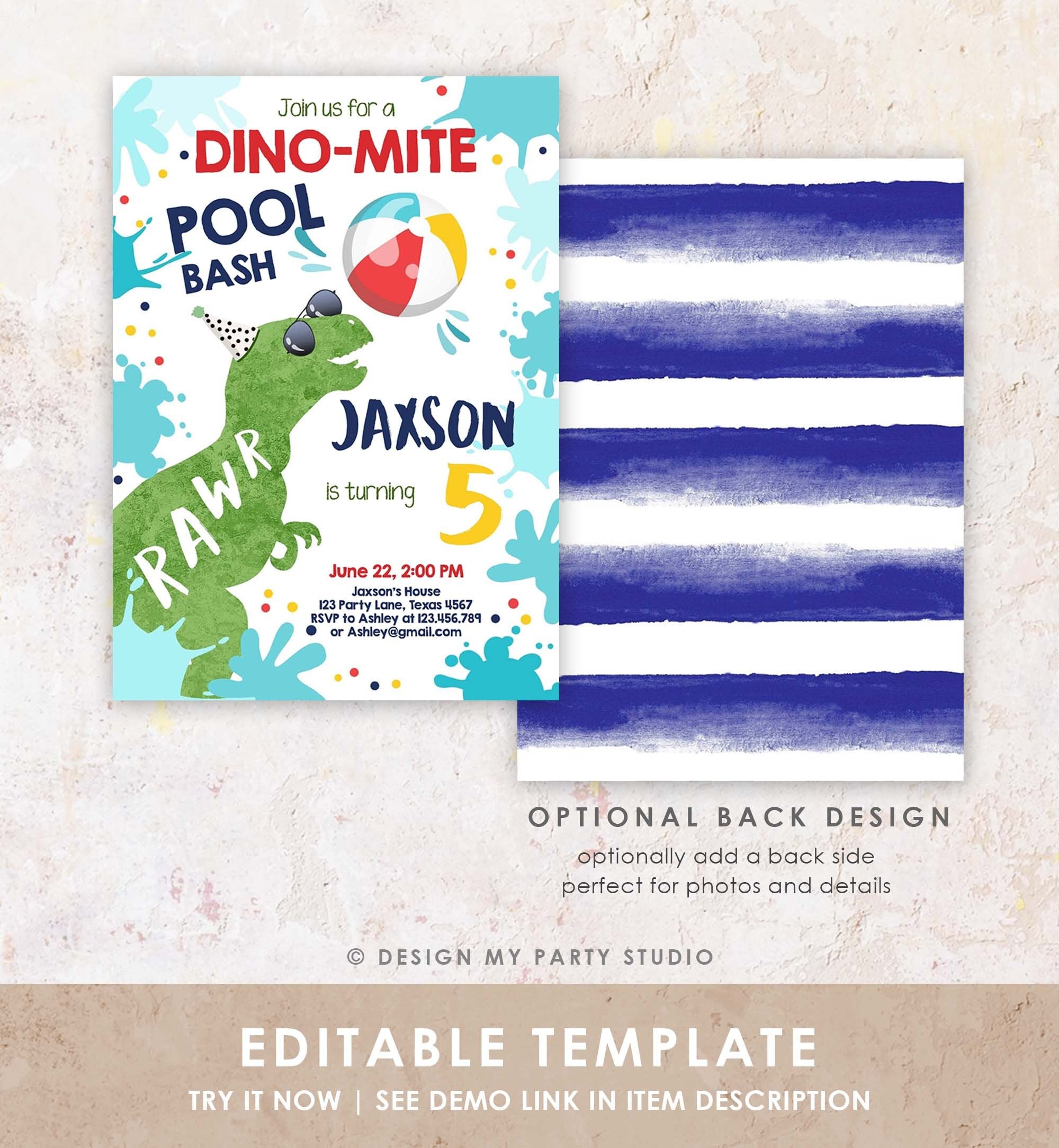 Editable Dinosaur Pool Party Birthday Invitation Dinosaur Birthday Dino T-Rex Boy Bash Download Printable Invitation Template Corjl 0305