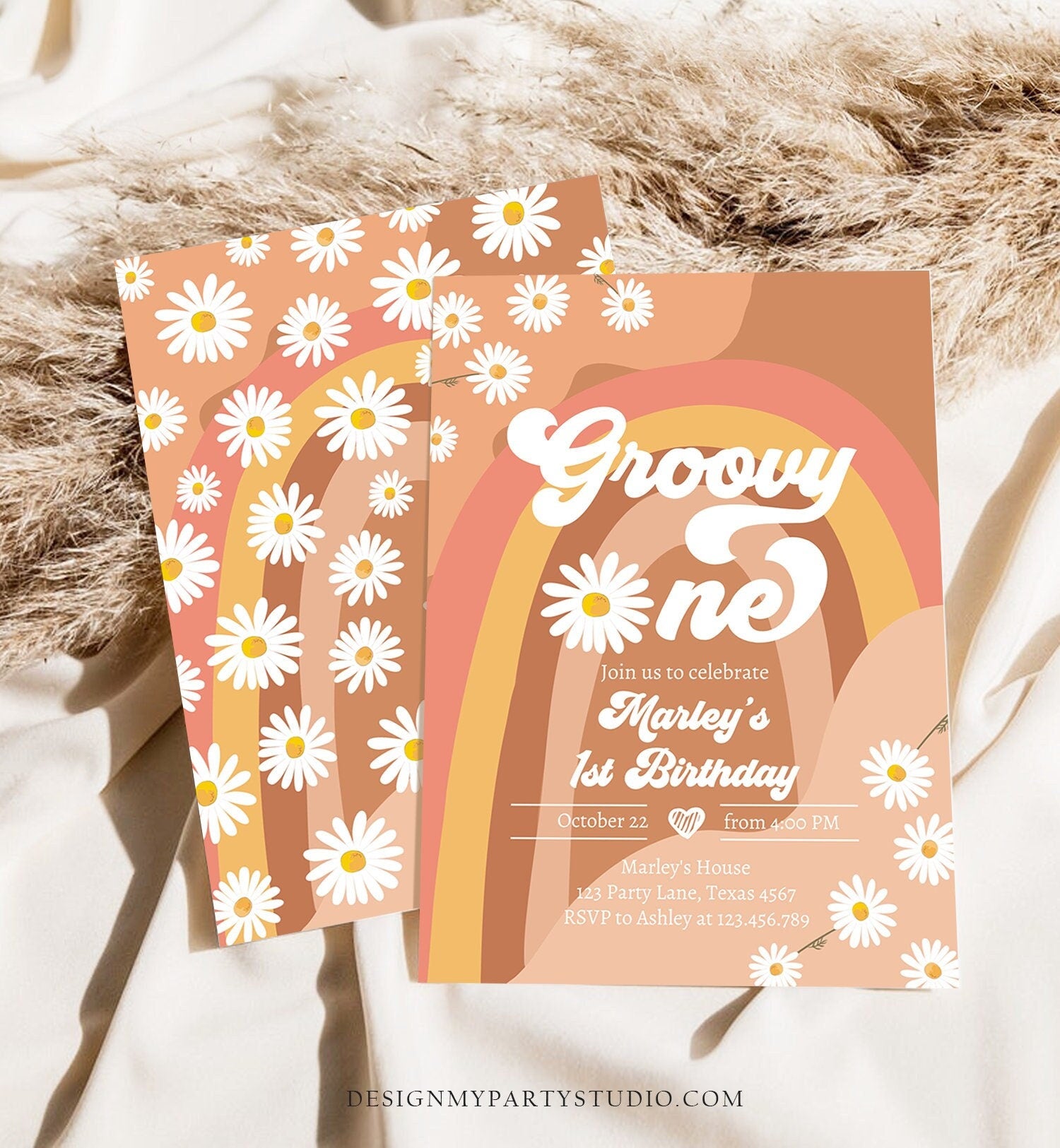 Editable Groovy One Retro 1st Birthday Invitation First Birthday Retro Floral 70s Flower Power Festival Download Template Digital Evite 0428