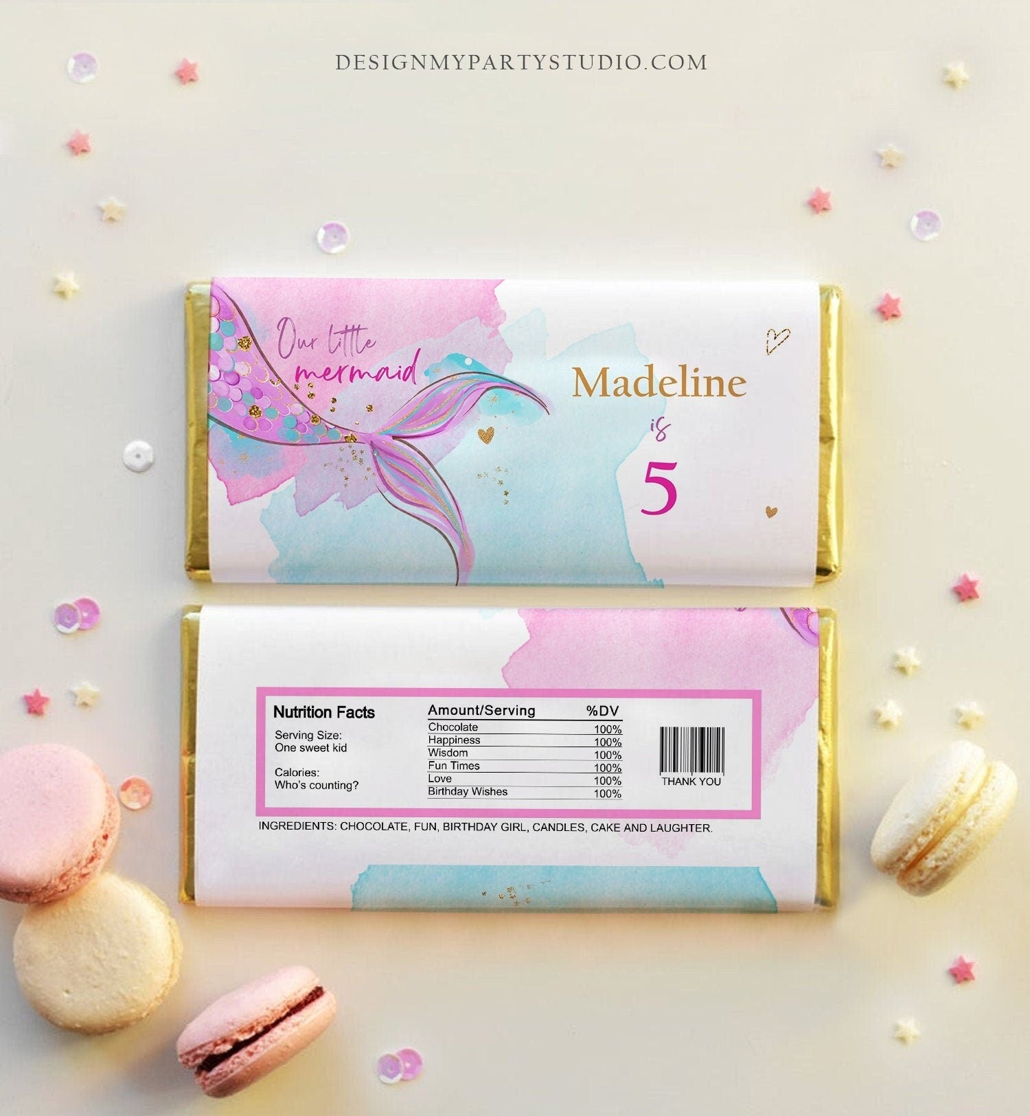 Editable Mermaid Chocolate Bar Wrapper Candy Bar Label Mermaid Tail Girl Pink Under The Sea Digital Download Template Printable 0403