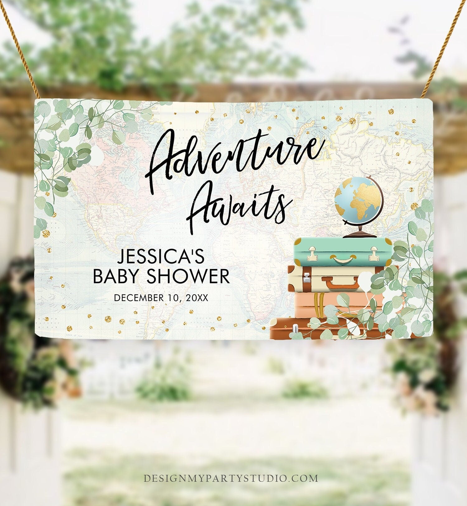 Editable Travel Adventure Awaits Backdrop Banner Welcome Baby Shower Decor Sign Eucalyptus Graduation Banner Digital Template Printable 0030