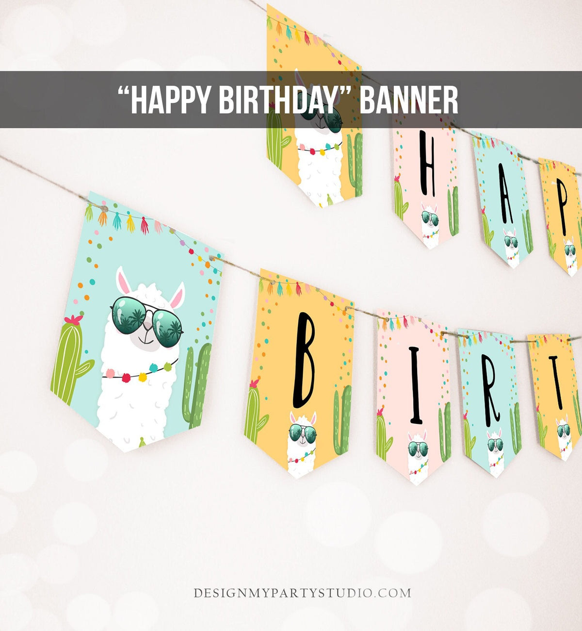 Llama Happy Birthday Banner Birthday Banner Fiesta Party Decor Girl Cactus Bunting Banner Pink Instant Digital Download Printable 0079