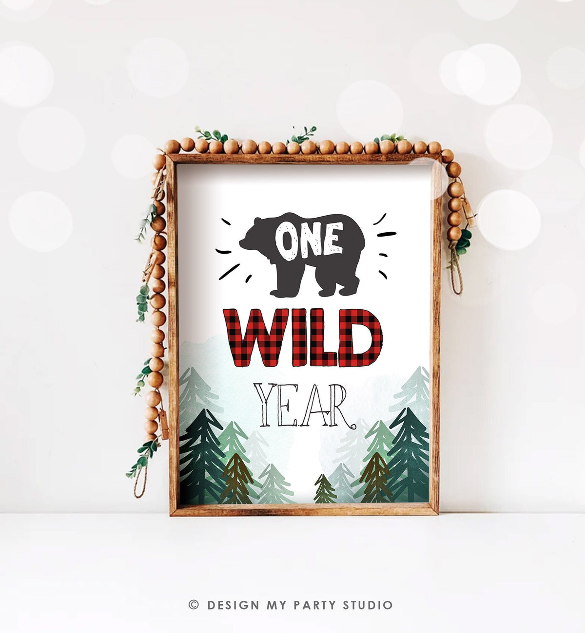 One Wild Year Sign Lumberjack Outdoor Bear Wild One Woodland Party Forest Red Buffalo Plaid First Birthday Instant Download Printable 0377