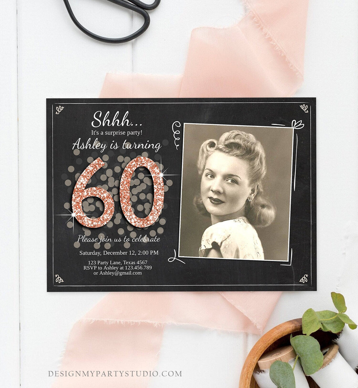 Editable ANY AGE Surprise Birthday Invitation Adult 60th Party Rustic Chalk Rose Gold Glitter Photo Download Printable Corjl Template 0103