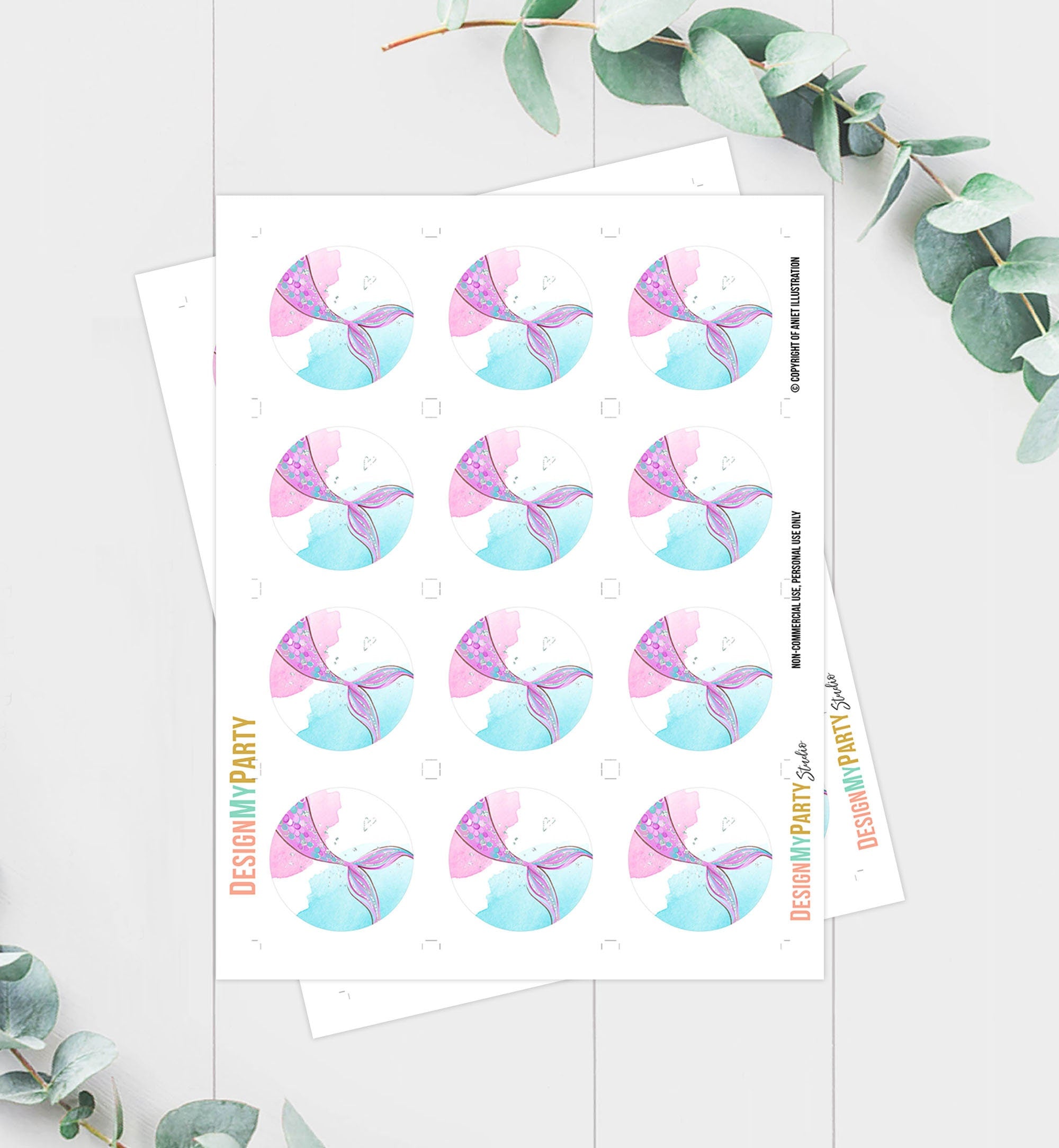 Mermaid Birthday Cupcake Toppers Mermaid Favor Tags Mermaid Birthday Under The Sea Girl Pink Purple Silver Stickers Digital Printable 0403