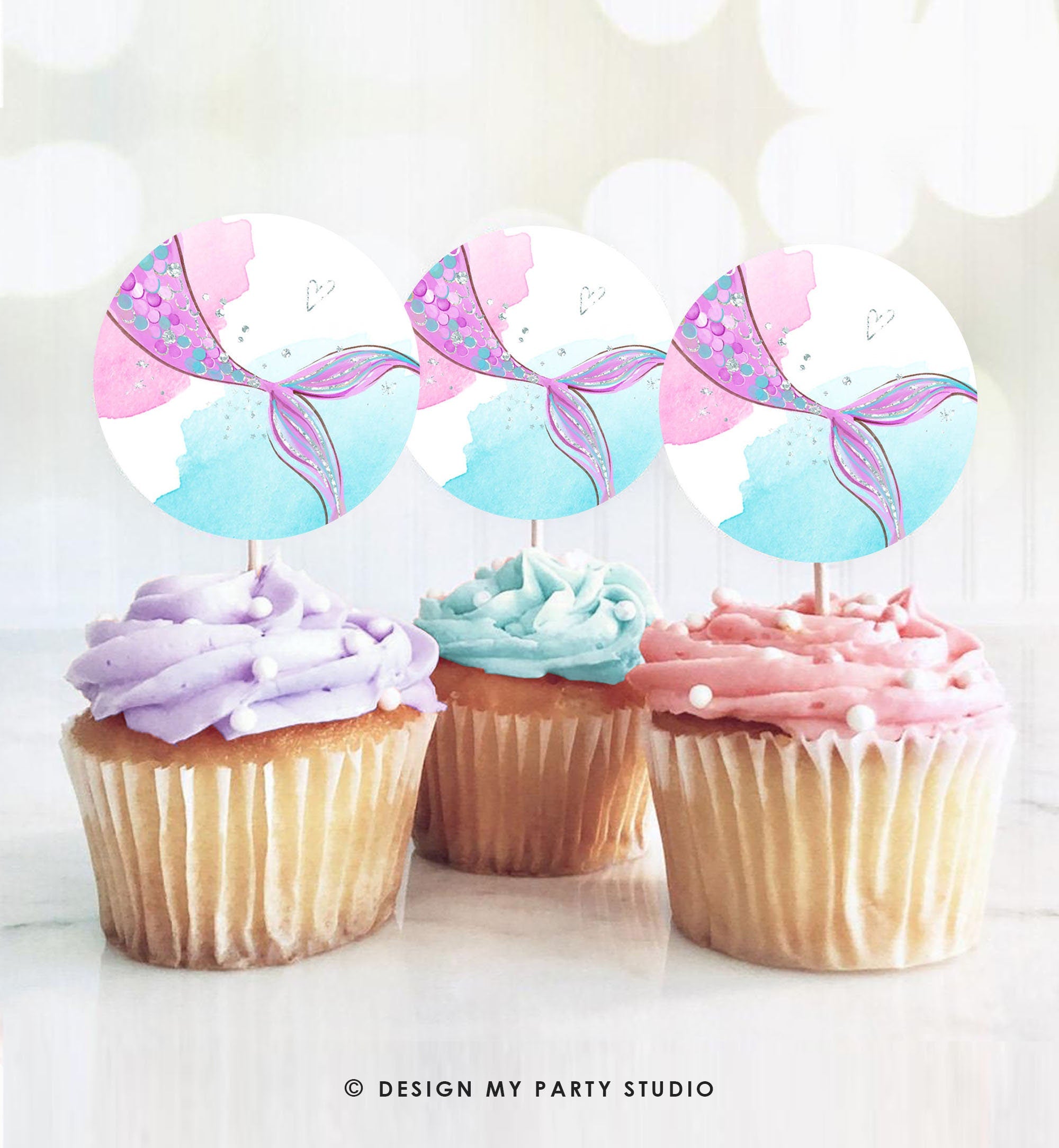 Mermaid Birthday Cupcake Toppers Mermaid Favor Tags Mermaid Birthday Under The Sea Girl Pink Purple Silver Stickers Digital Printable 0403