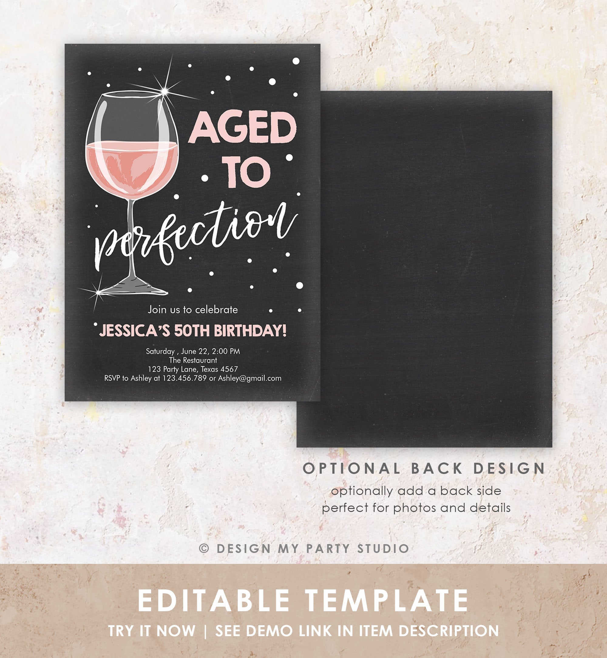 Editable Aged to Perfection Birthday Invitation Wine Adult Birthday Invite Rustic Surprise Download Printable Invitation Template Corjl 0252