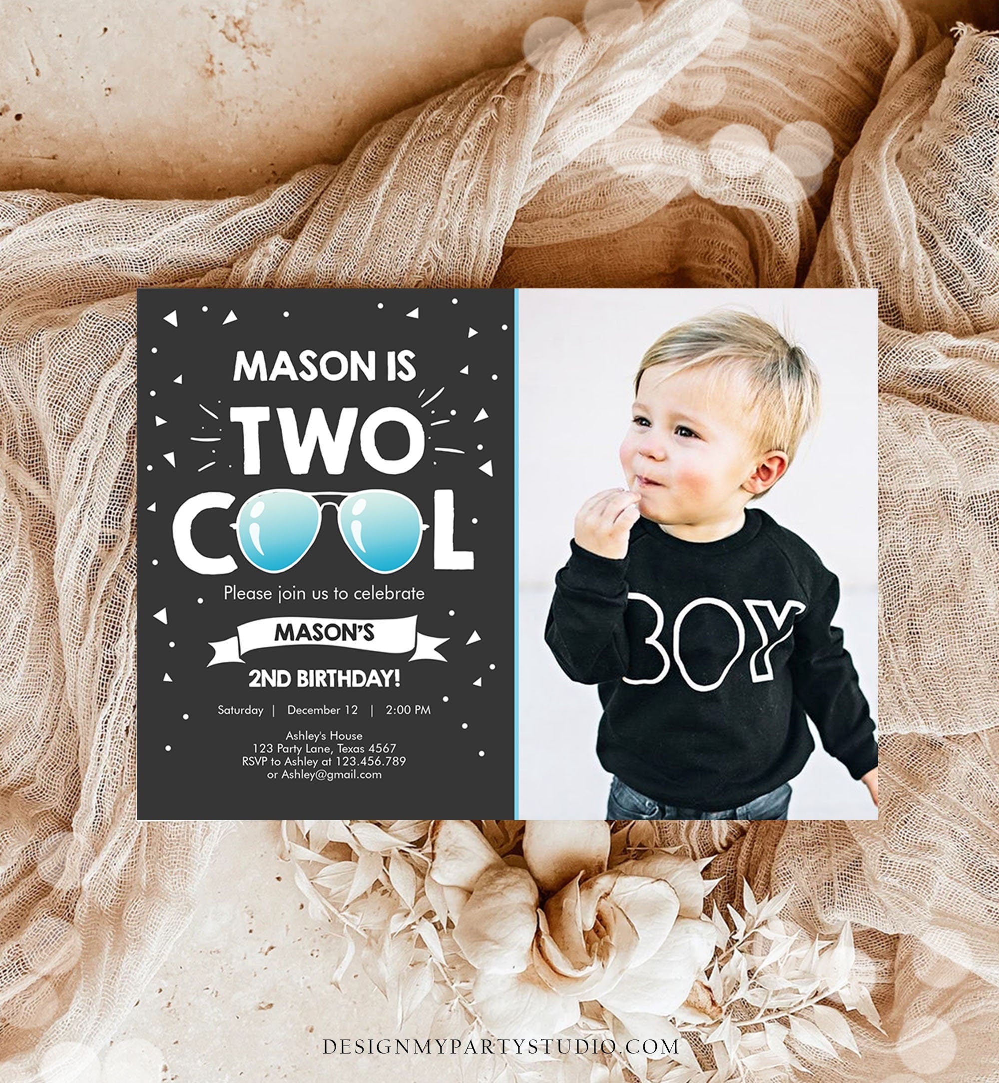 Editable Two Cool Birthday Invitation Boy Second Birthday Party 2nd I'm Two Cool Pilot Sunglasses Photo Printable Phone Evite Template 0136