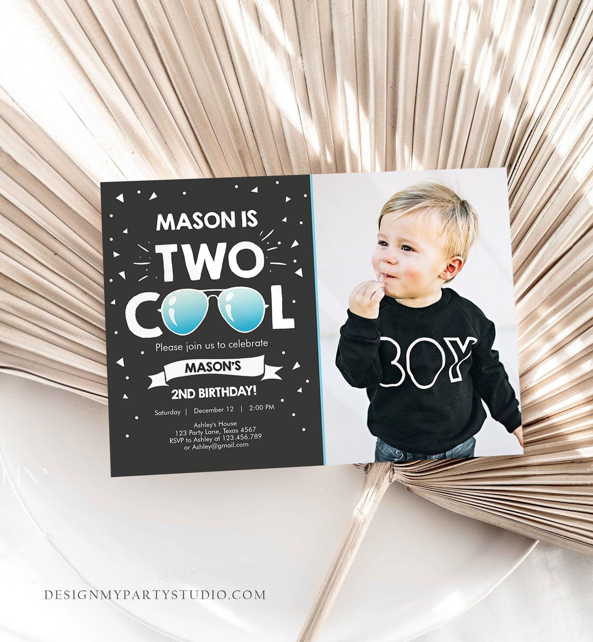 Editable Two Cool Birthday Invitation Boy Second Birthday Party 2nd I'm Two Cool Pilot Sunglasses Photo Printable Phone Evite Template 0136