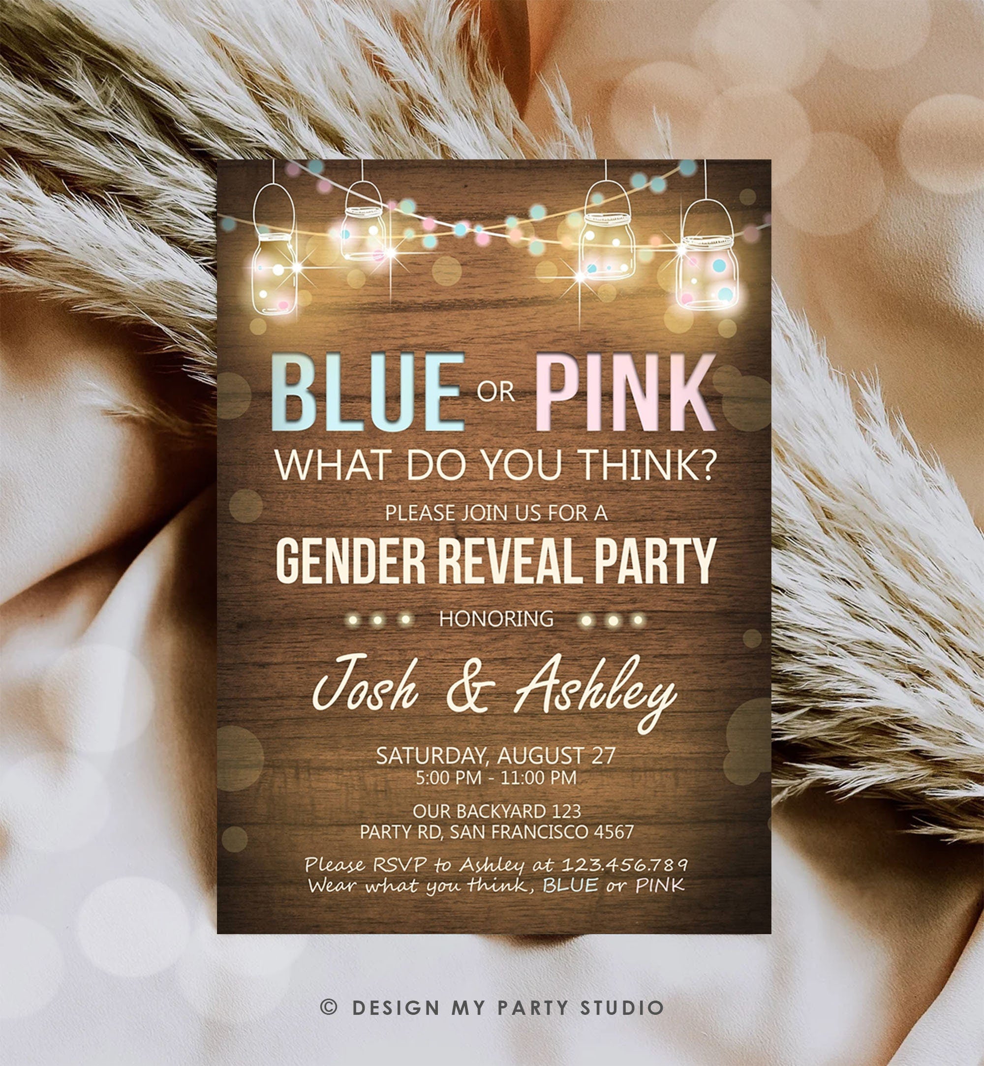 Editable Gender Reveal Invitation Baby Shower Boy or Girl Pink or Blue He She Wood Rustic Template Instant Download Digital Corjl 0015