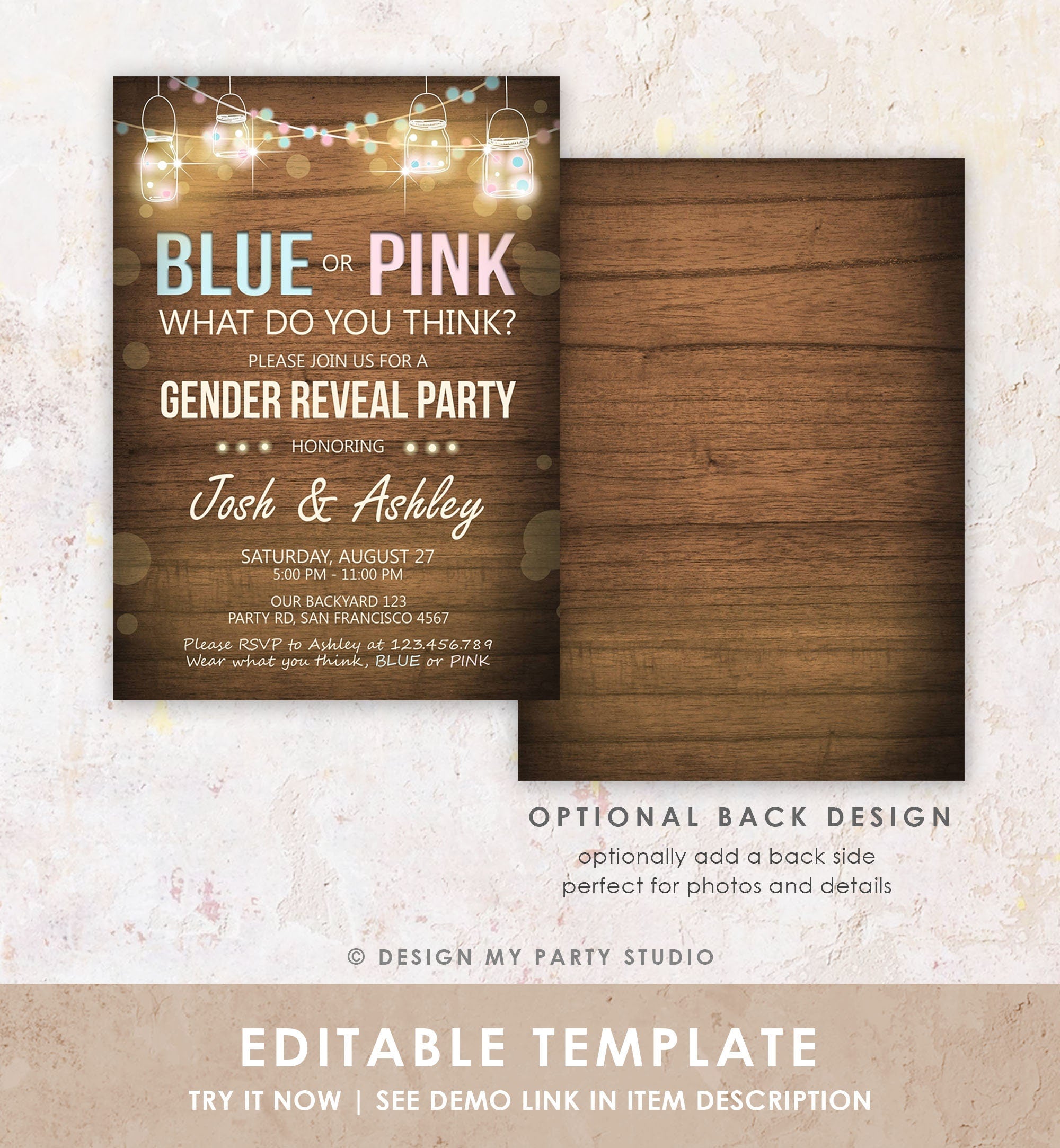 Editable Gender Reveal Invitation Baby Shower Boy or Girl Pink or Blue He She Wood Rustic Template Instant Download Digital Corjl 0015