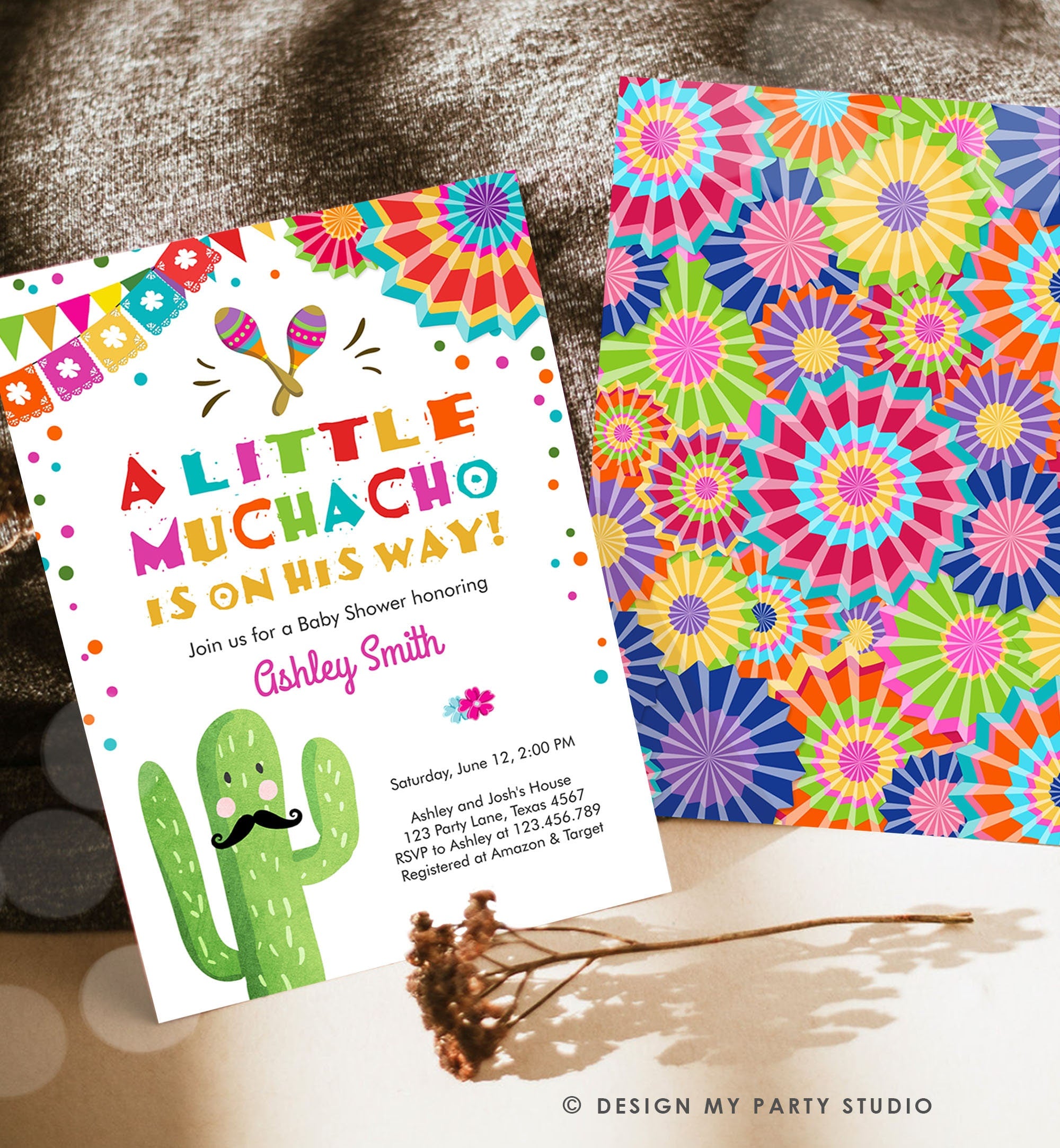 Editable Little Muchacho Fiesta Baby Shower Invitation Cactus Mexican Succulent Señor on the Way Blue Pink Download Corjl Template 0045