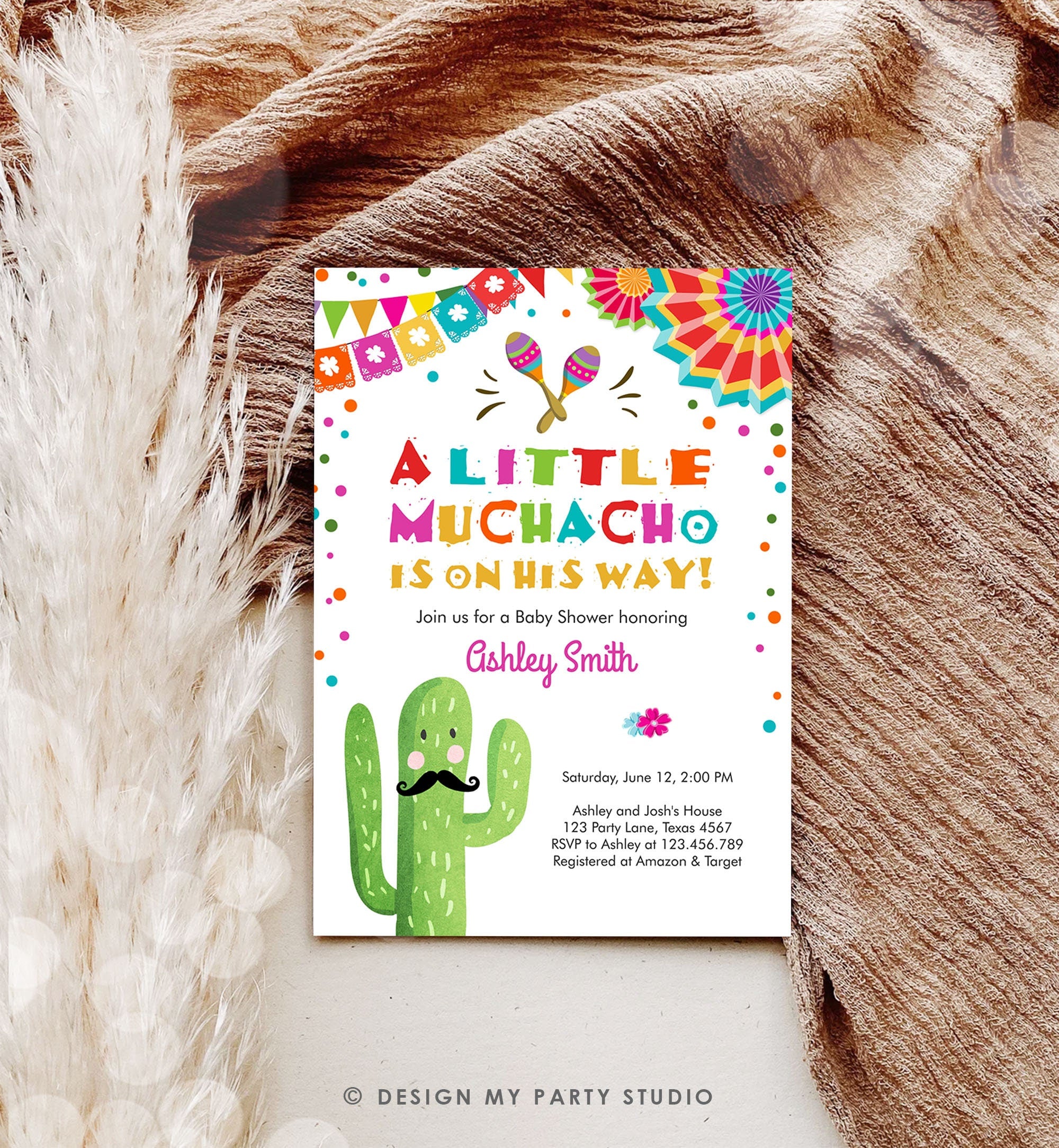 Editable Little Muchacho Fiesta Baby Shower Invitation Cactus Mexican Succulent Señor on the Way Blue Pink Download Corjl Template 0045