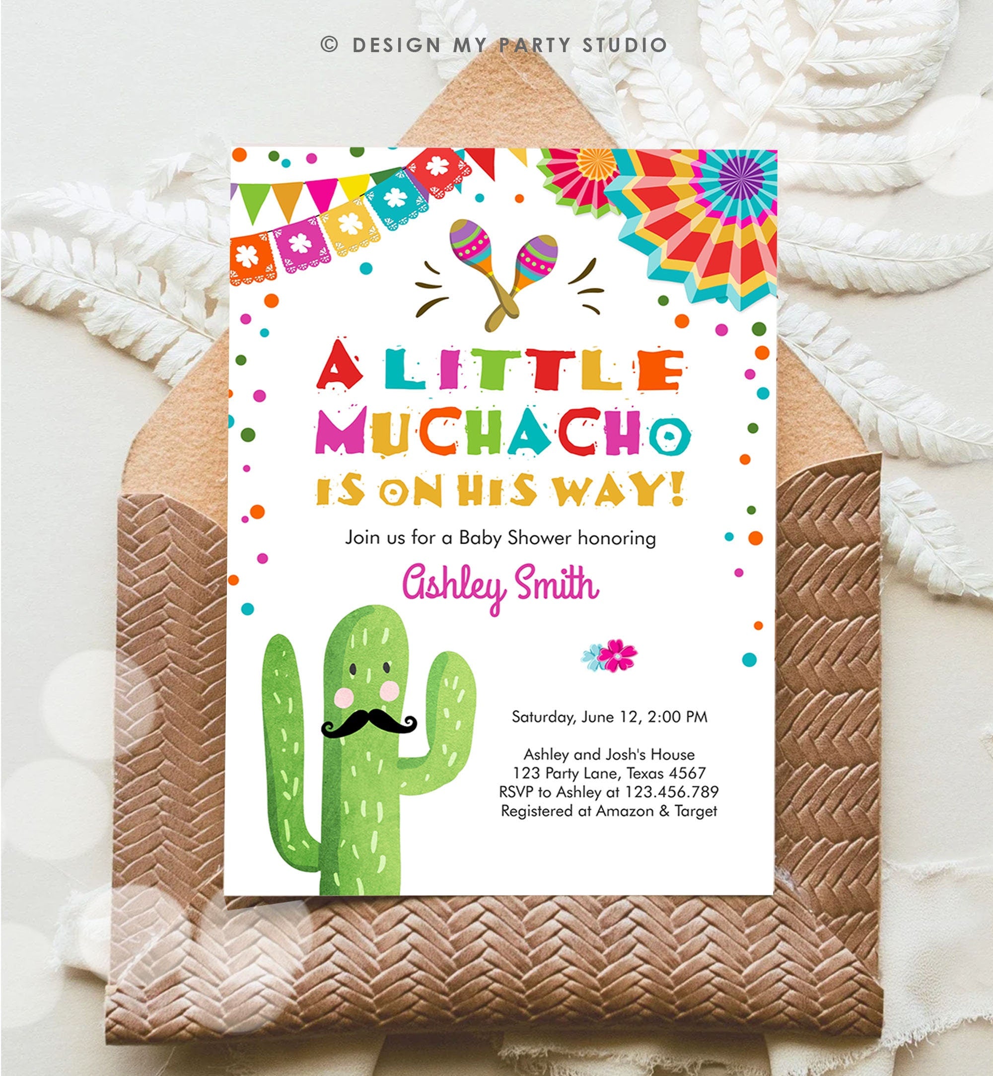 Editable Little Muchacho Fiesta Baby Shower Invitation Cactus Mexican Succulent Señor on the Way Blue Pink Download Corjl Template 0045