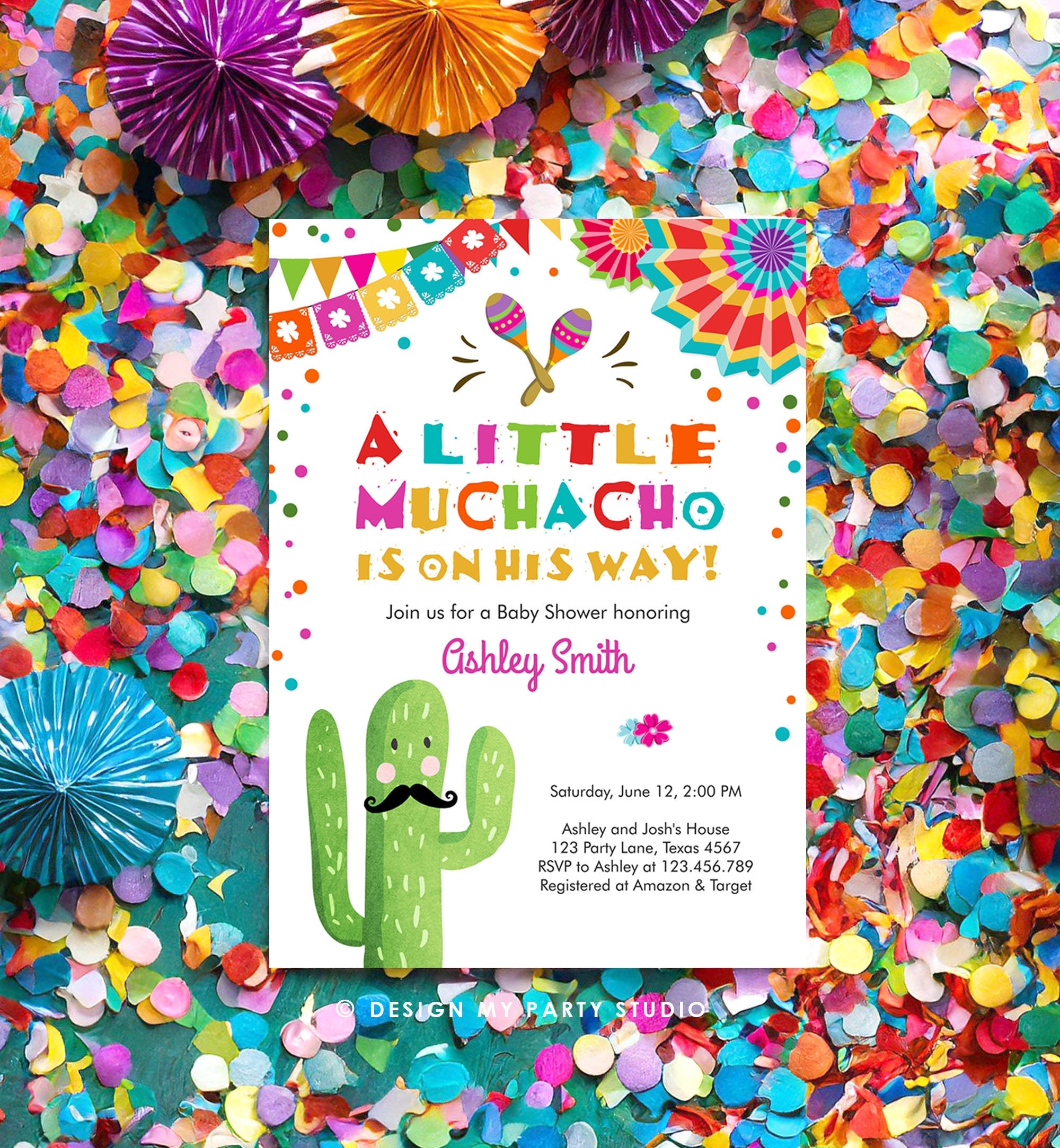 Editable Little Muchacho Fiesta Baby Shower Invitation Cactus Mexican Succulent Señor on the Way Blue Pink Download Corjl Template 0045