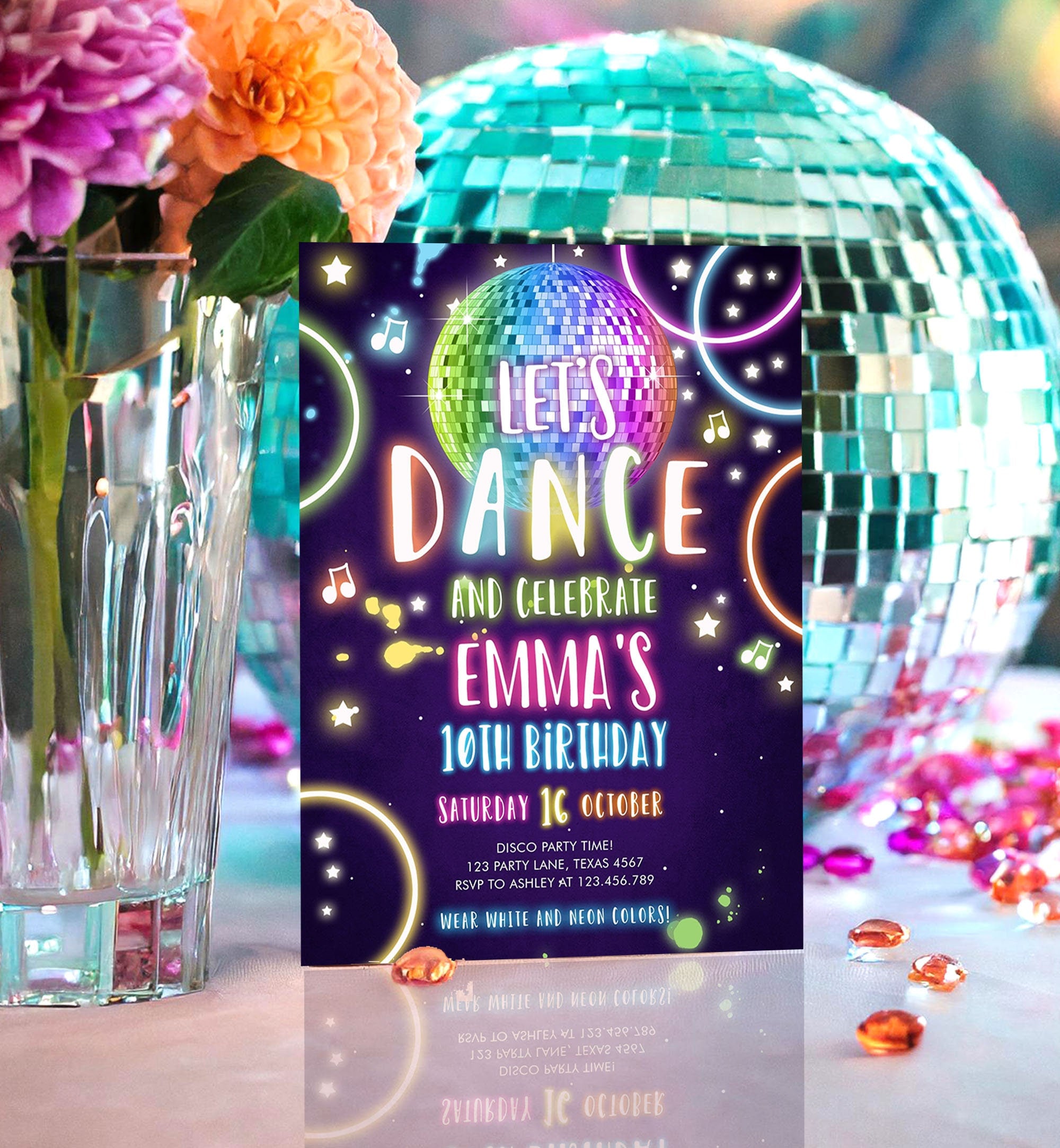 Editable Dance Party Birthday Invitation Disco Music Let's Dance Neon Glow In The Dark Party Girl Teen Pink Template Corjl Printable 0172